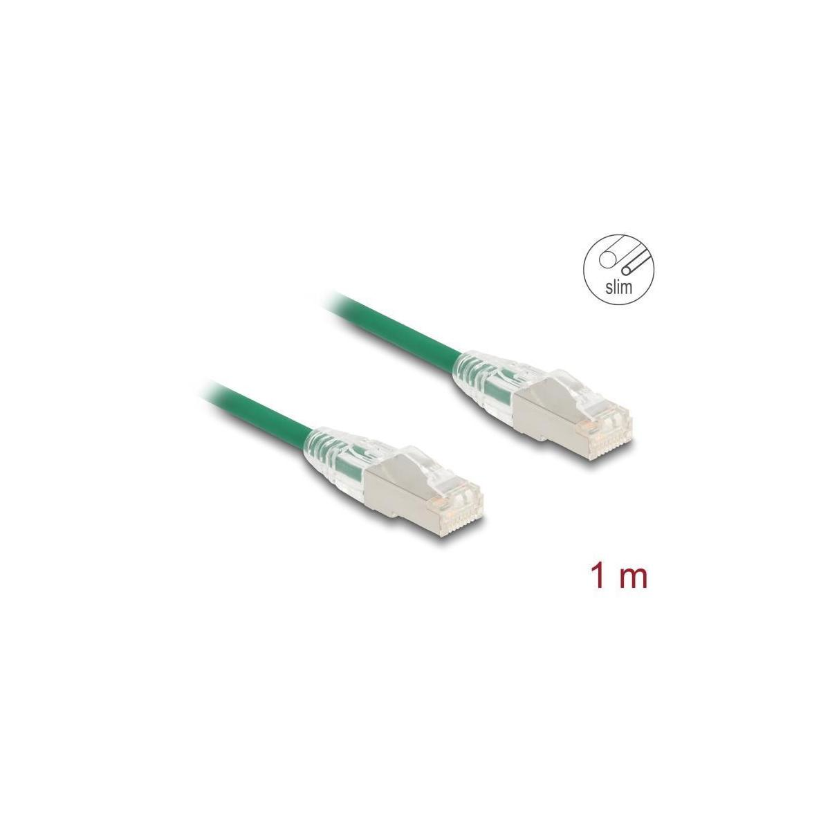 Zwei grüne Netzwerkkabel mit transparenten Steckern, beschriftet mit "1 m" und "slim" Diagramm.