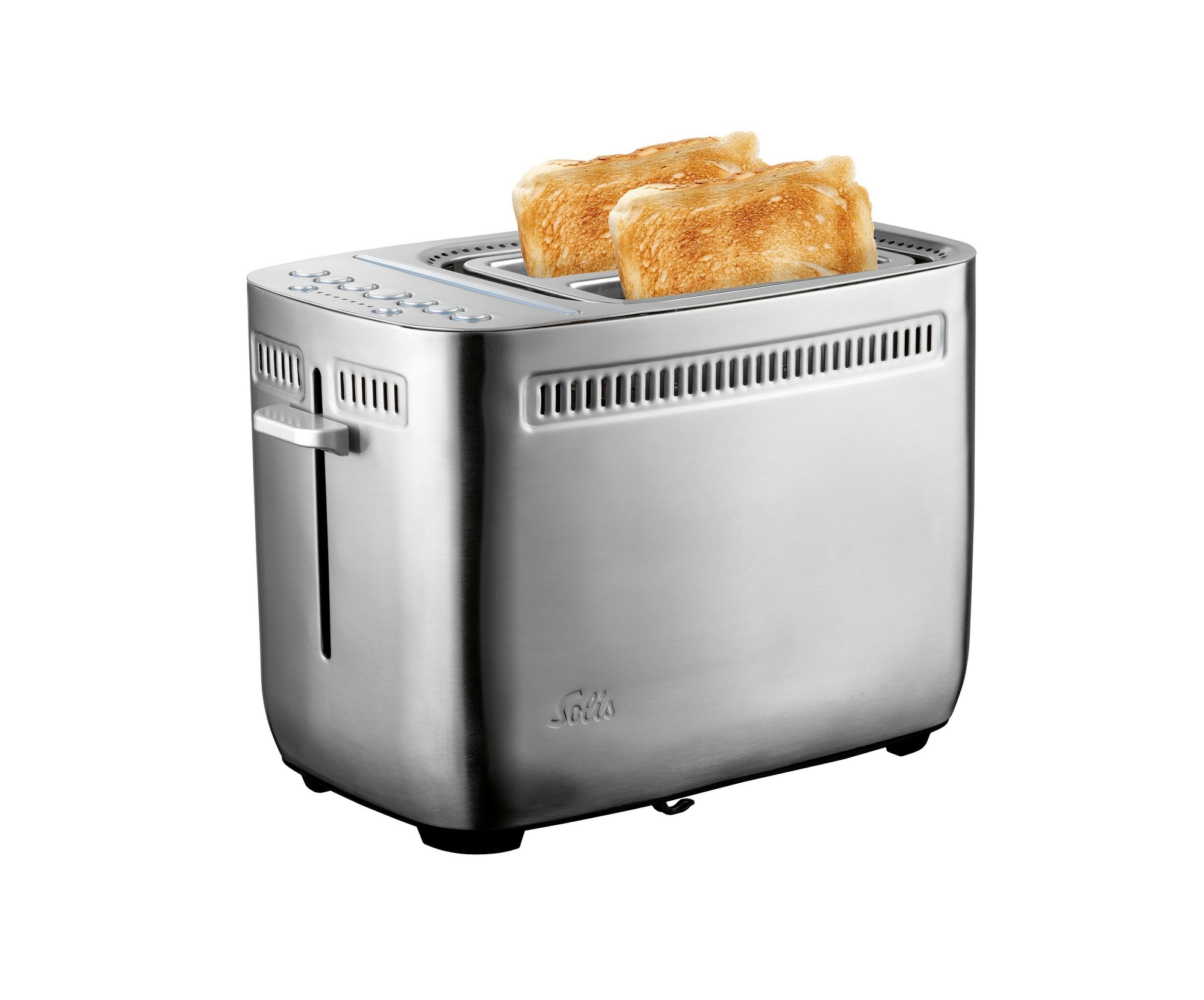 Ein silberner Toaster mit Toast, zwei Schlitzen, Knöpfen und einem Hebel.