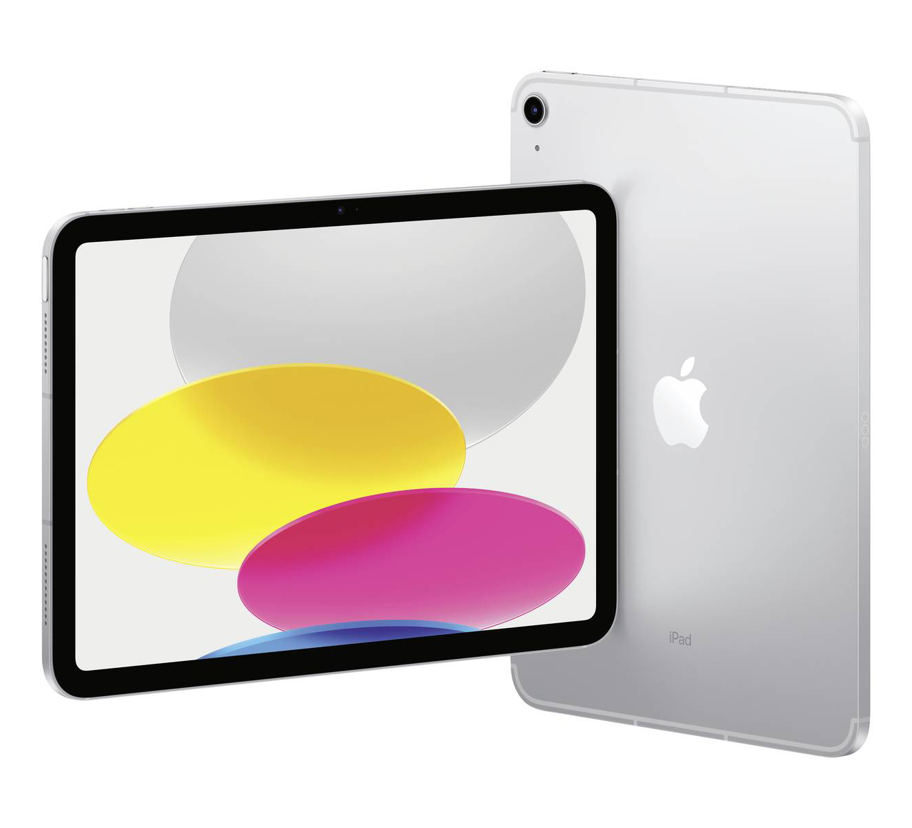 Wyświetlany jest srebrny iPad z czarnym ekranem. iPad znajduje się po prawej stronie.