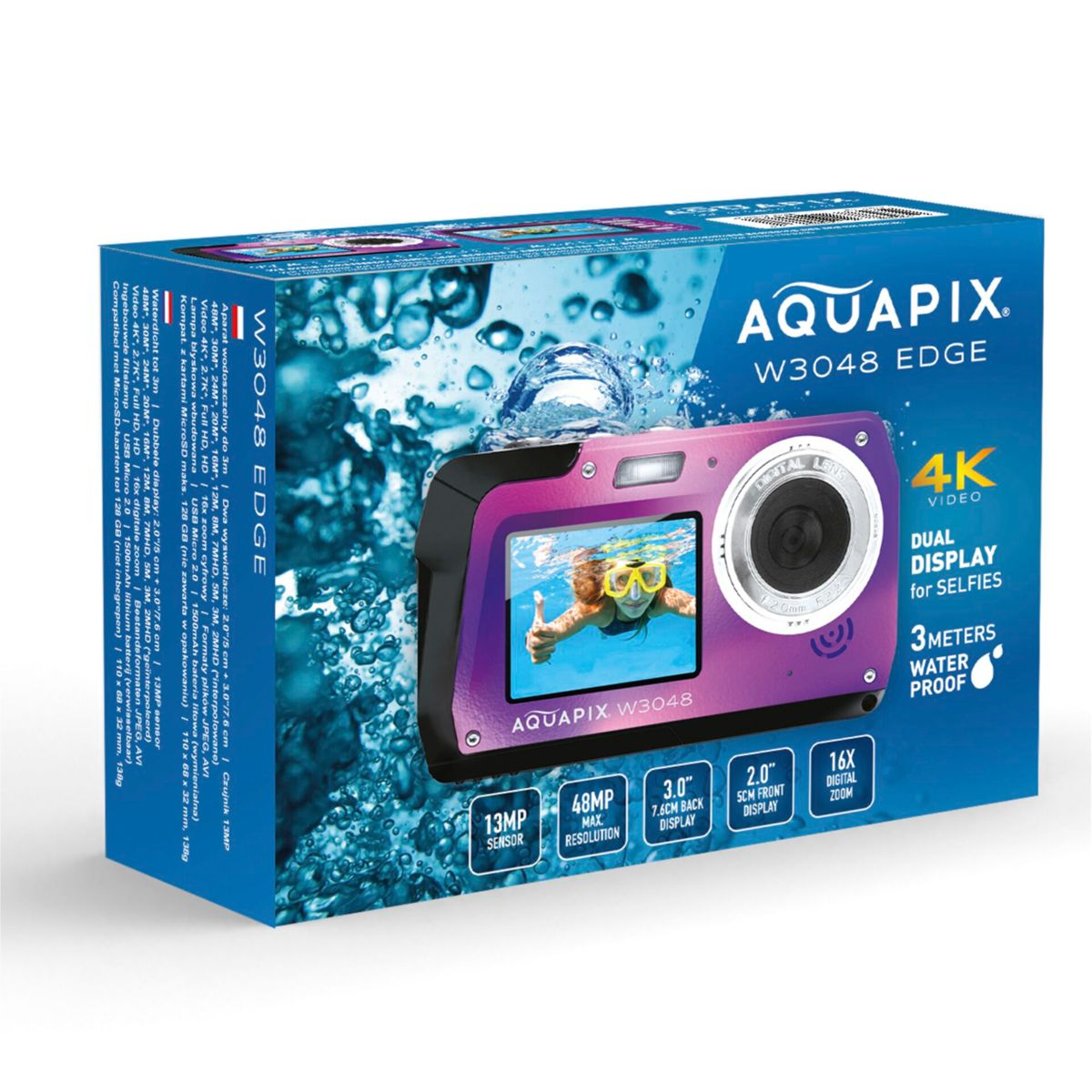 Różowy, wodoodporny aparat w pudełku. Na pudełku zdjęcie osoby w masce w wodzie.