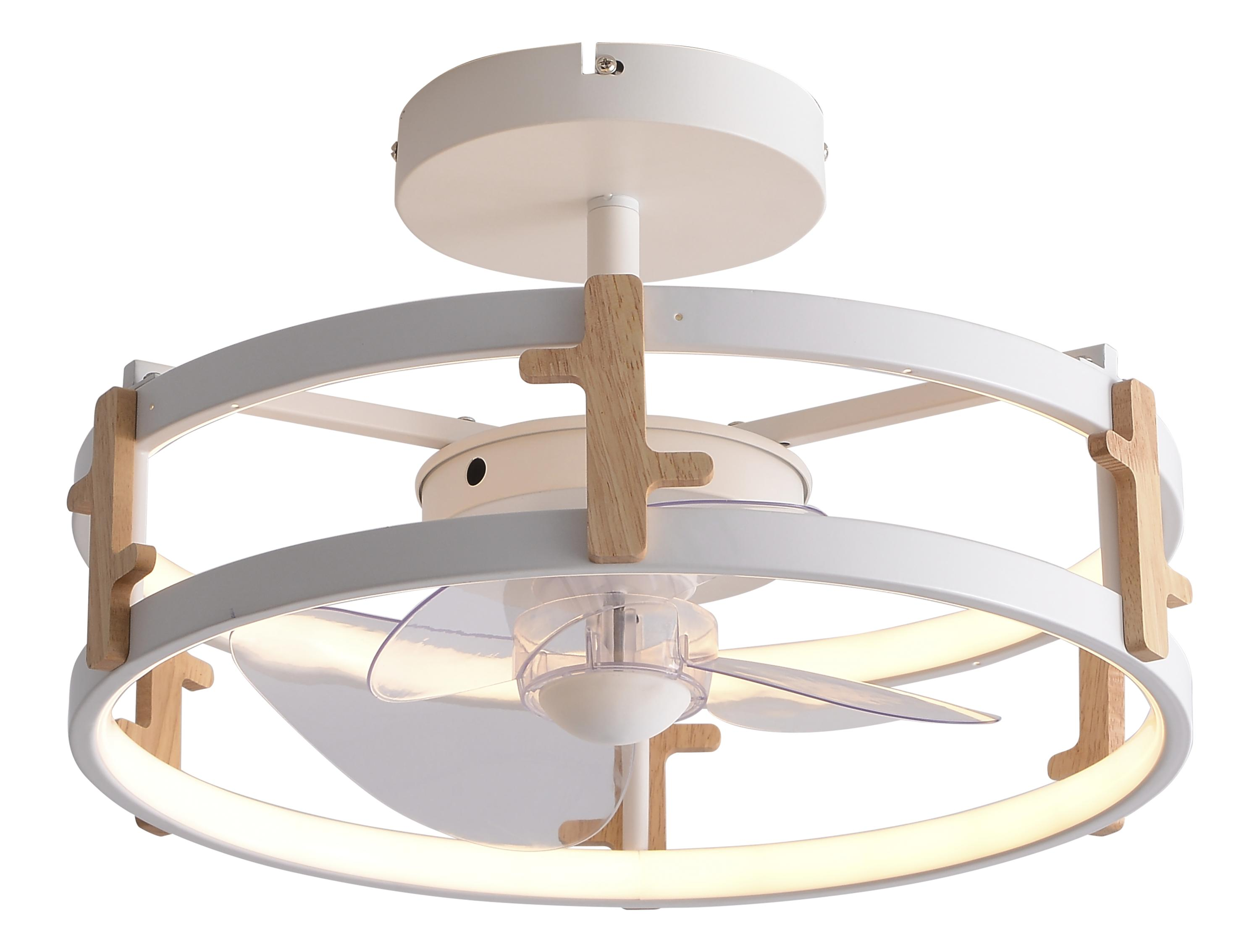Weißer Deckenventilator mit Holzakzenten und einem Ringlicht.