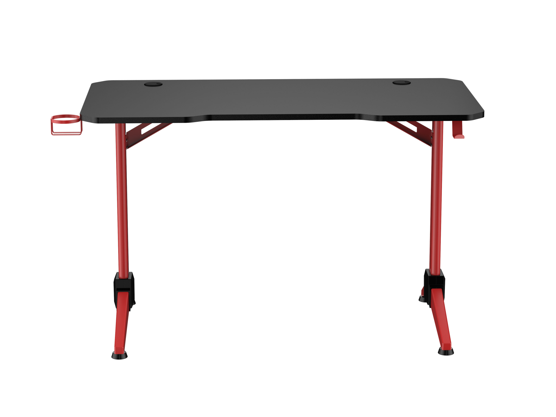 Ein roter Gaming-Schreibtisch mit schwarzer Tischplatte, Becherhalter und roten Beinen, vor weißem Hintergrund.