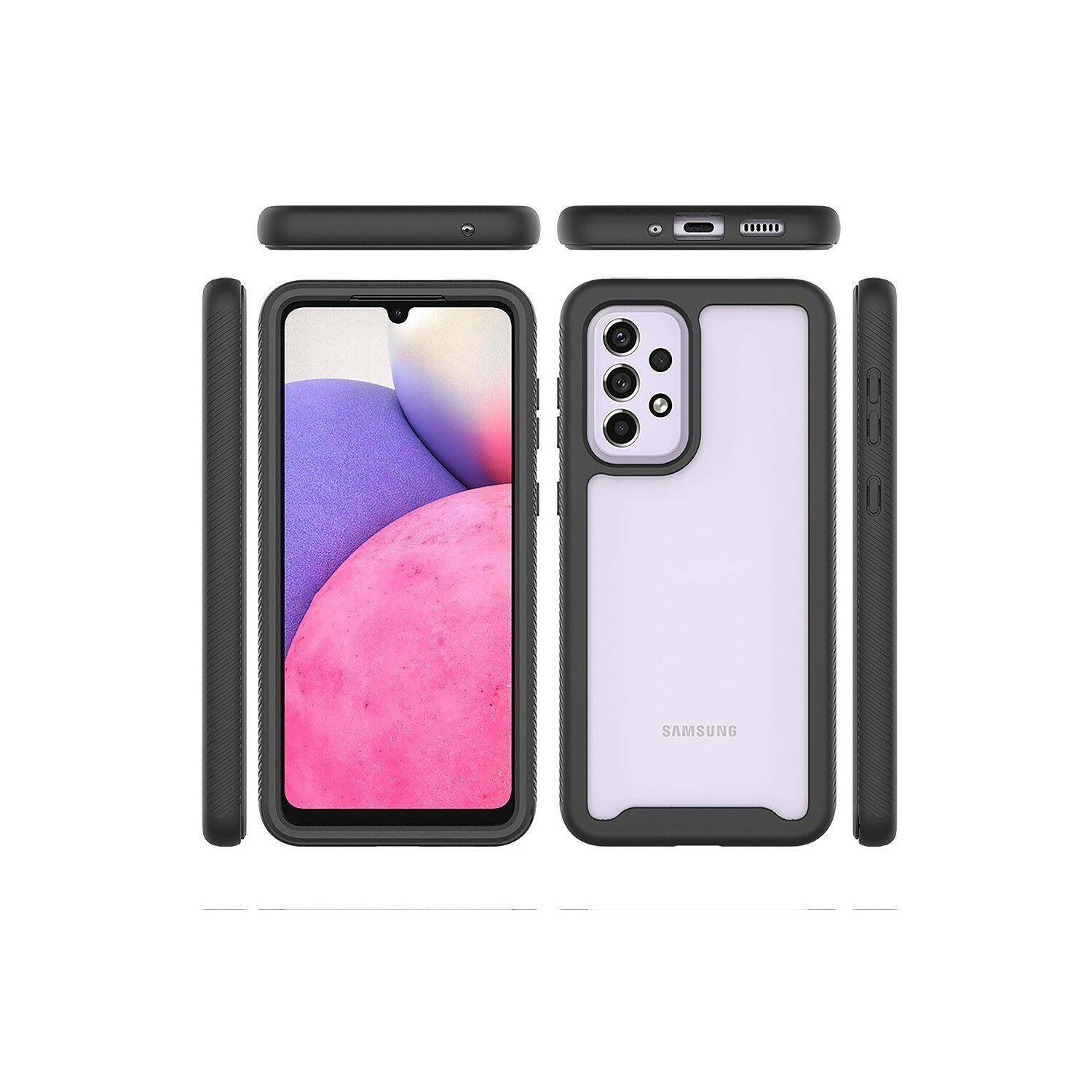 Schwarze und transparente Handyhülle. Telefon innen. Mehrere Ansichten, Tasten sichtbar.