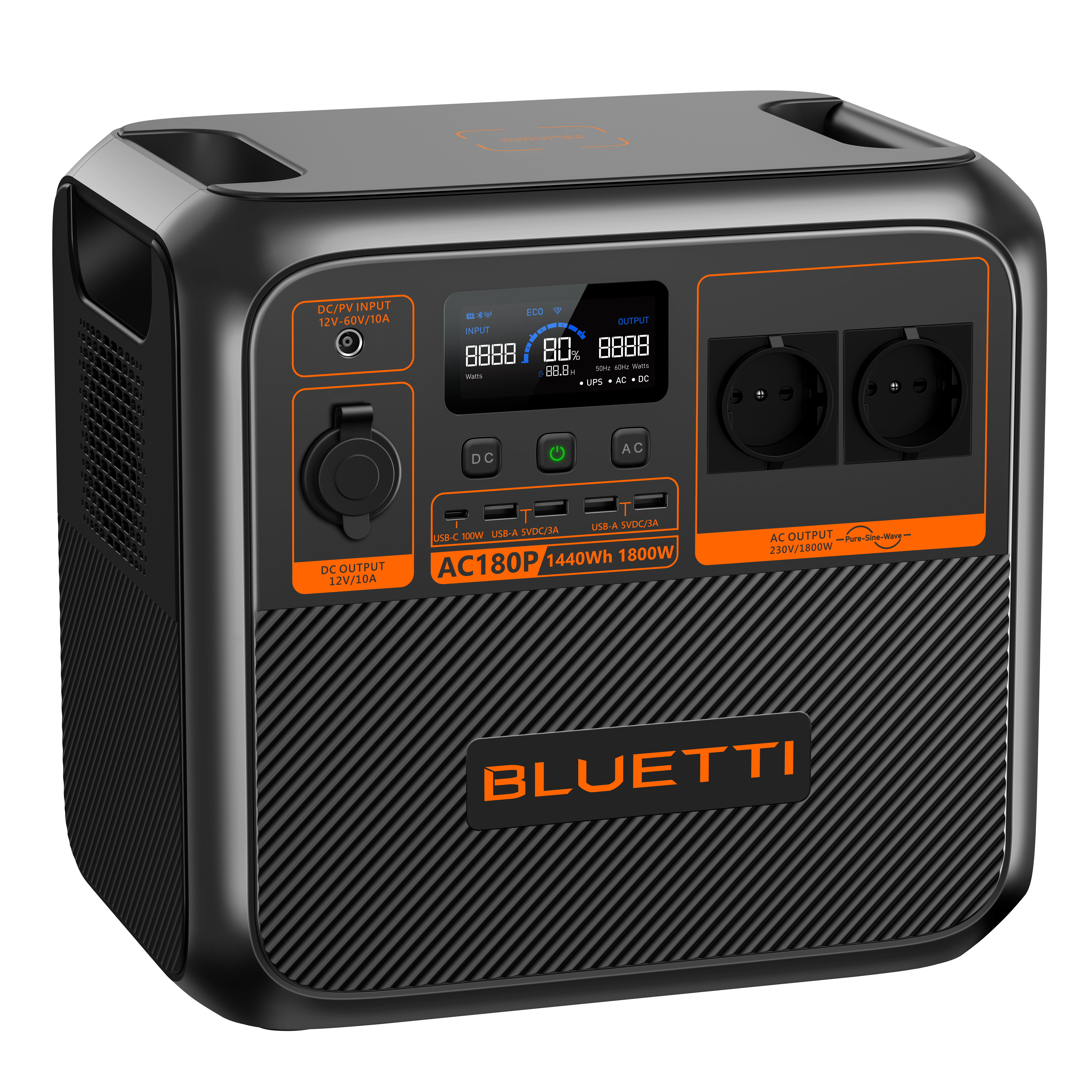 Eine schwarz-orange tragbare Powerstation mit Digitalanzeige und mehreren Steckdosen.