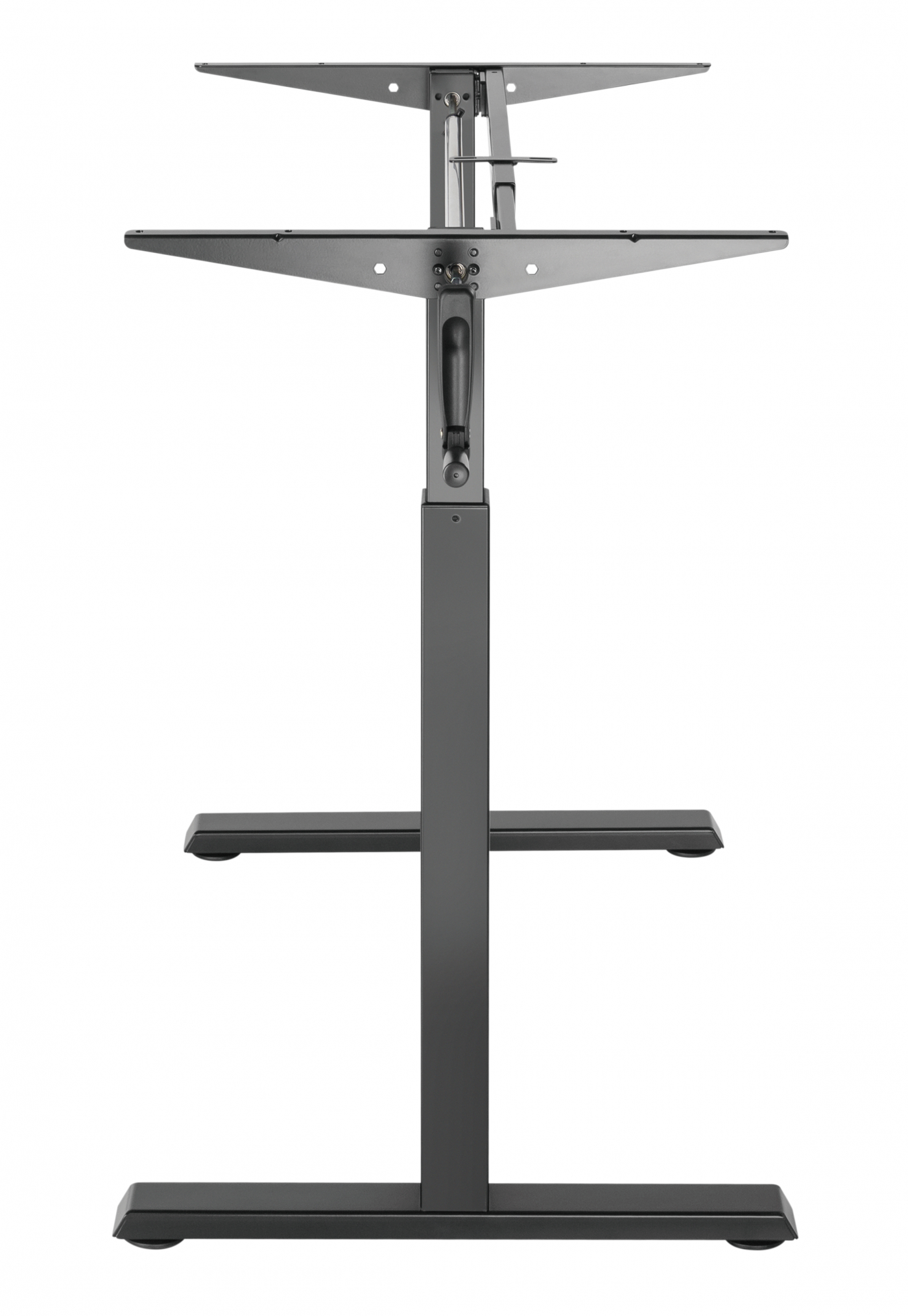 Een metalen bureauframe met een zwarte handgreep en twee planken.