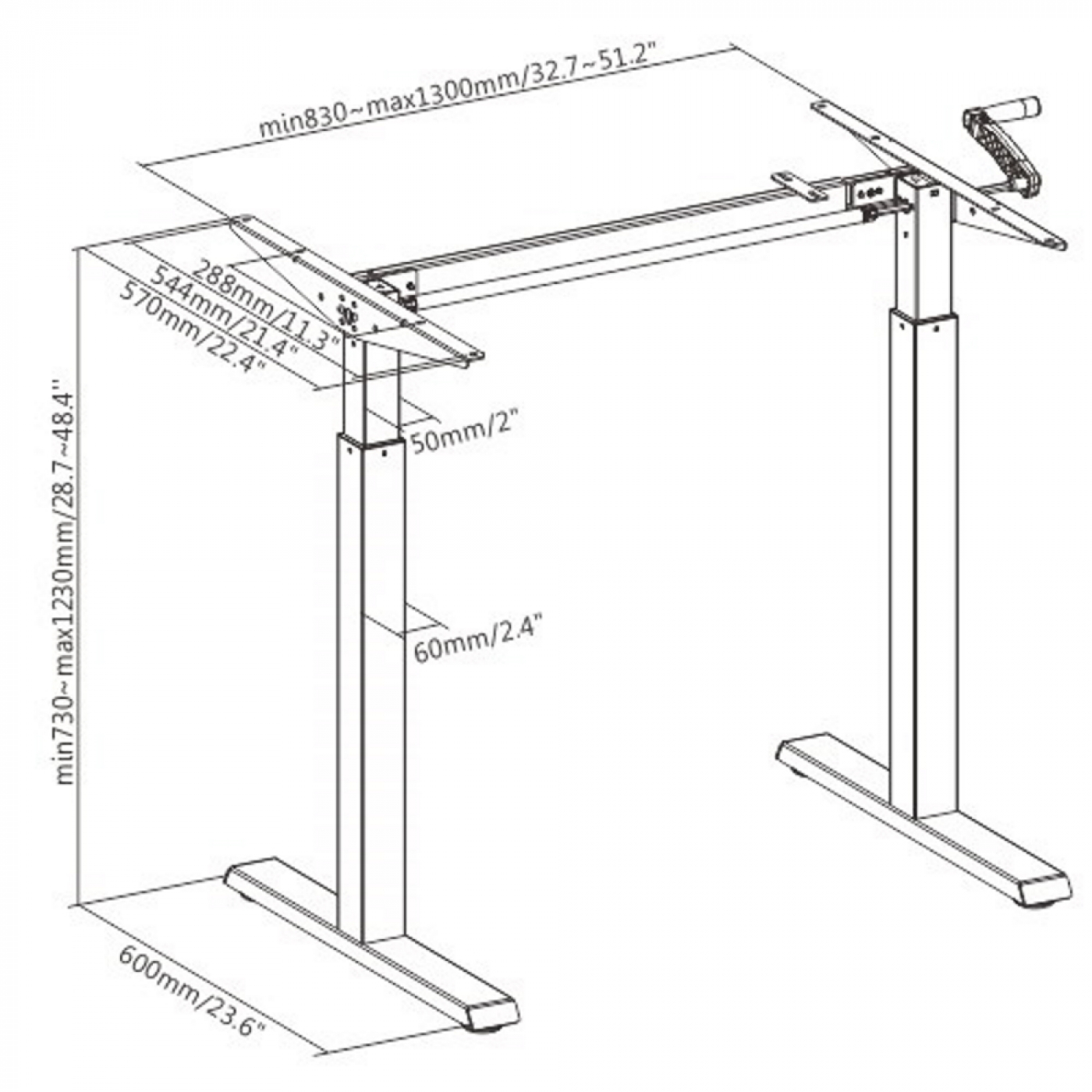 Diagram van een in hoogte verstelbaar bureauframe met afmetingen.