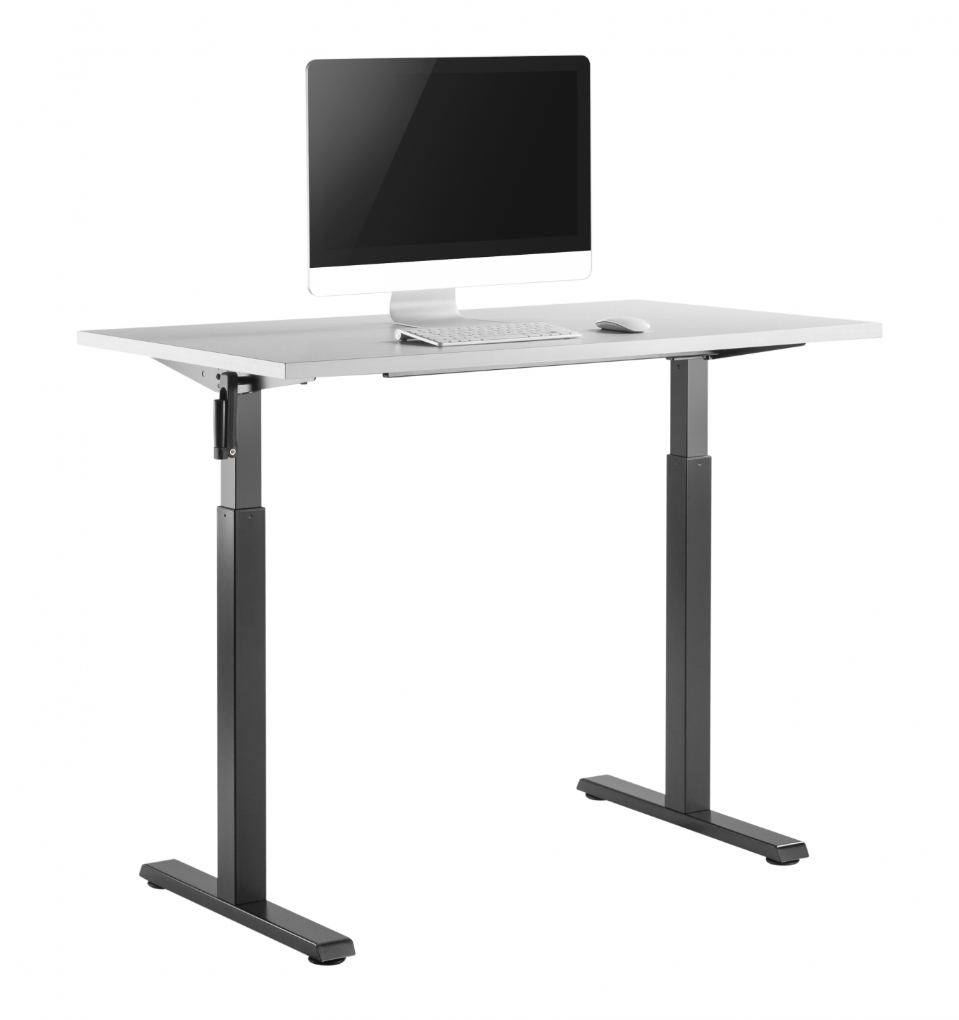 Een in hoogte verstelbaar bureau met een wit blad en zwarte poten. Monitor, toetsenbord en muis erop.