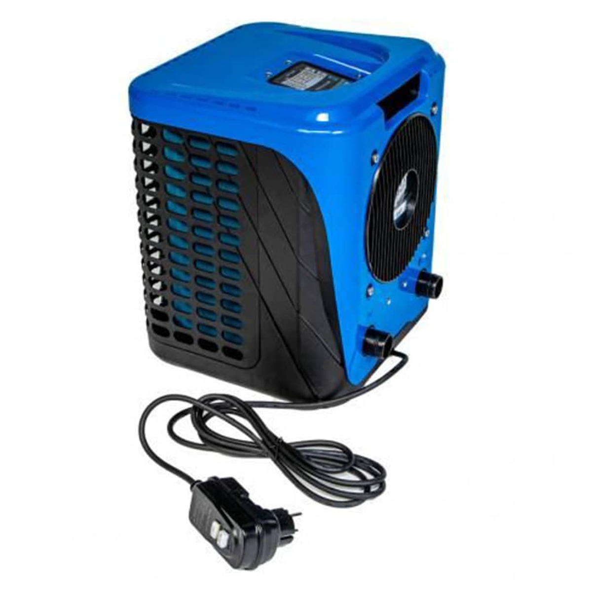 Blau-schwarzer Poolheizkörper. Hat Lüftungsöffnungen, Rohre und ein Netzkabel mit Stecker.