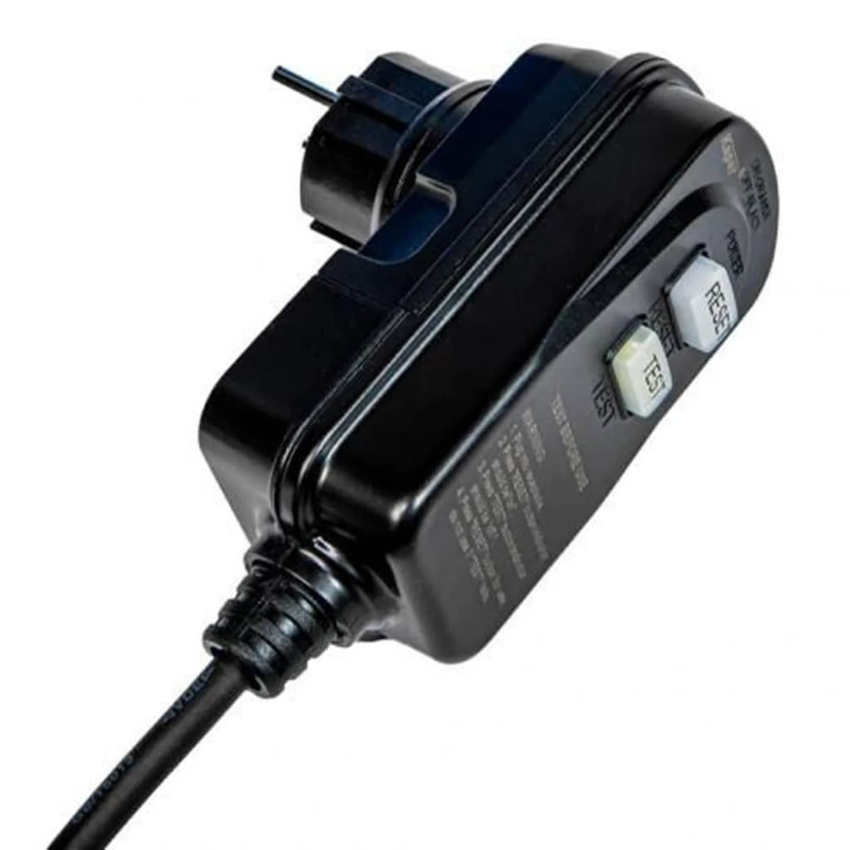 Ein schwarzer Netzadapter mit Test- und Reset-Tasten und einem Stecker.