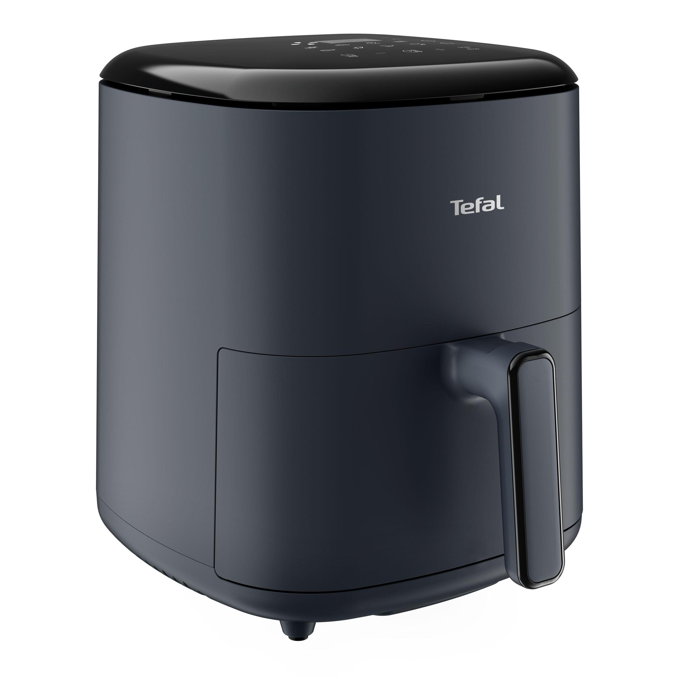 Ciemnoniebieska frytownica beztłuszczowa Tefal. Ma kształt cylindryczny z uchwytem.