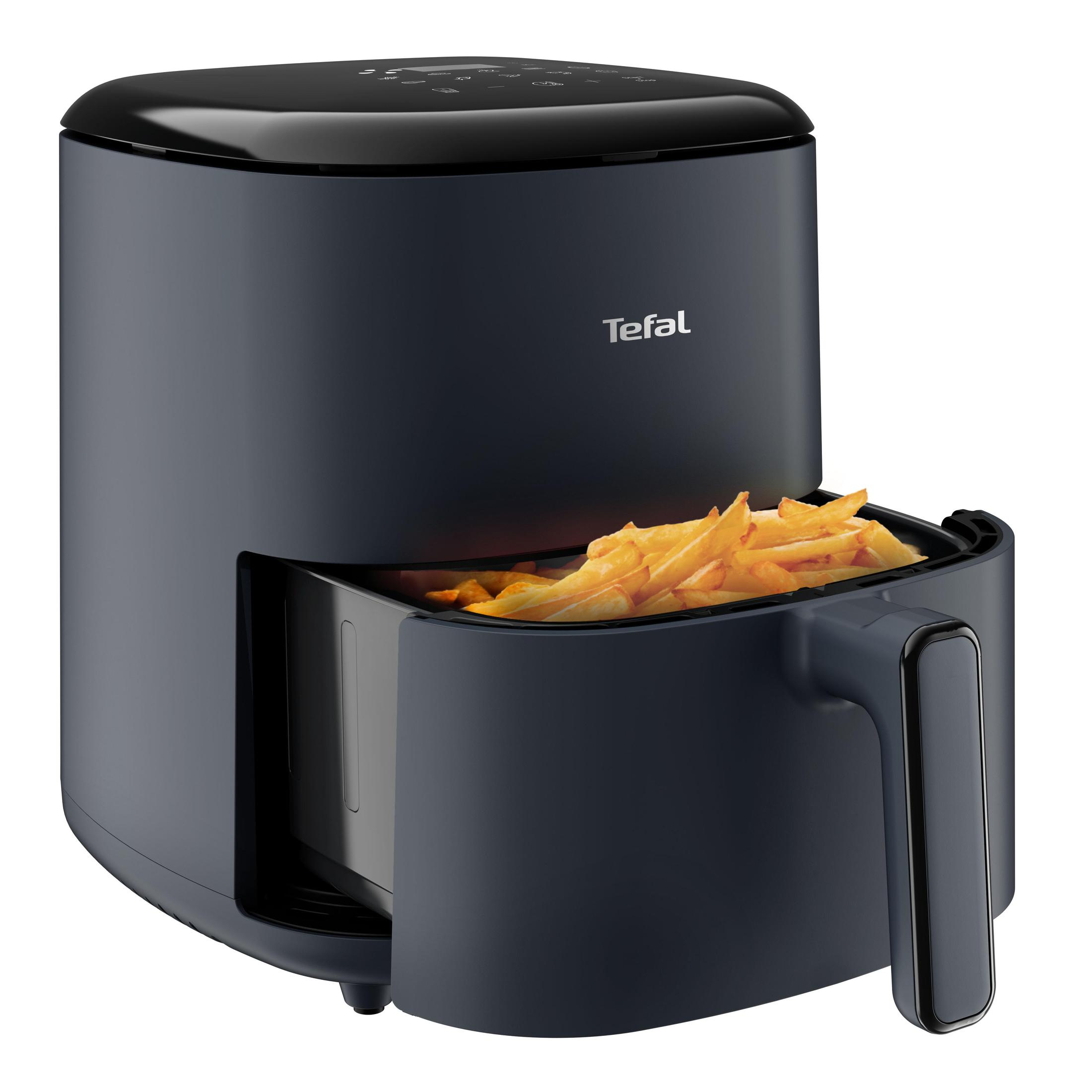 Czarna frytkownica beztłuszczowa Tefal z frytkami w koszu.