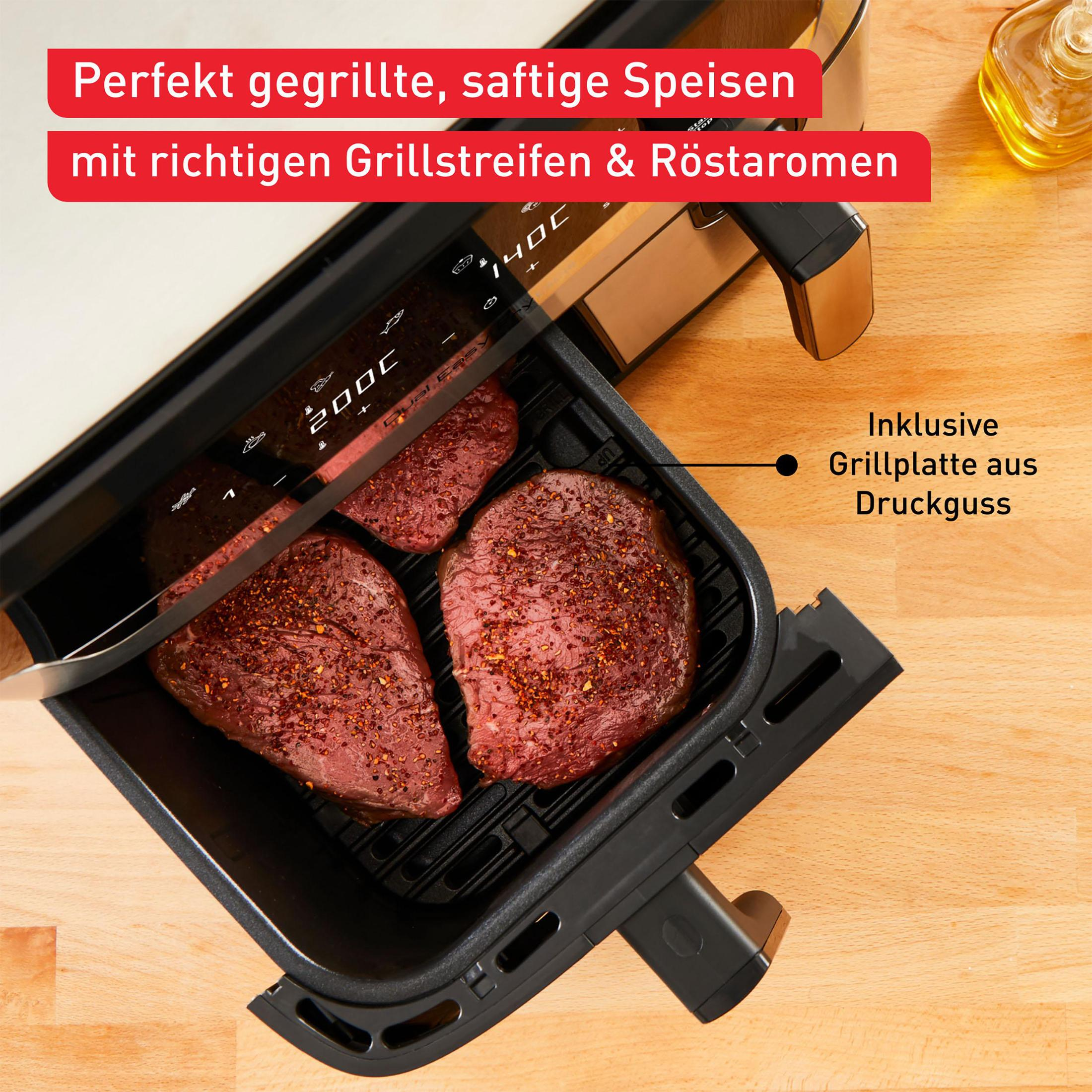 Luftfritteuse mit gegrillten Steaks. Text: 'Perfekt gegrillte, saftige Speisen'.