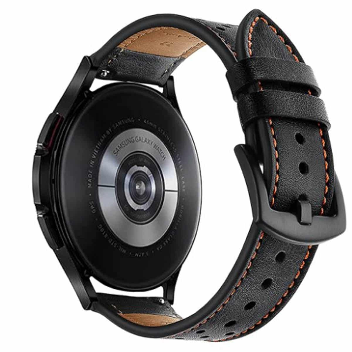 Die Rückseite einer schwarzen Smartwatch mit angebrachtem Armband.