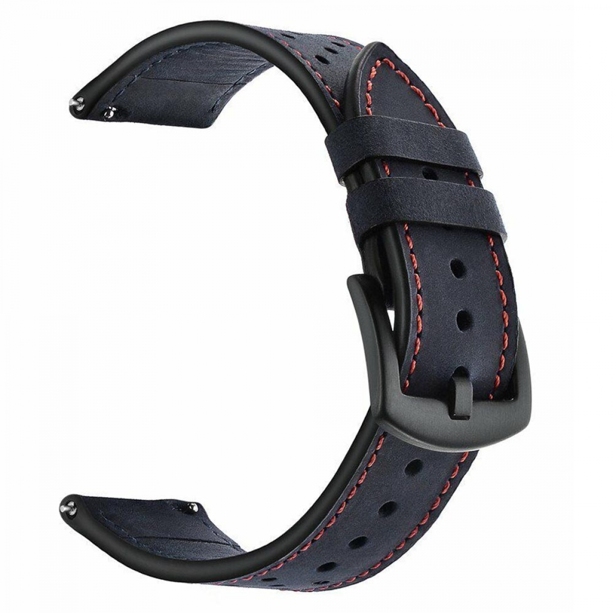 Ein dunkelblaues Uhrenarmband mit roten Nähten und einer schwarzen Schnalle. Lederstruktur sichtbar.