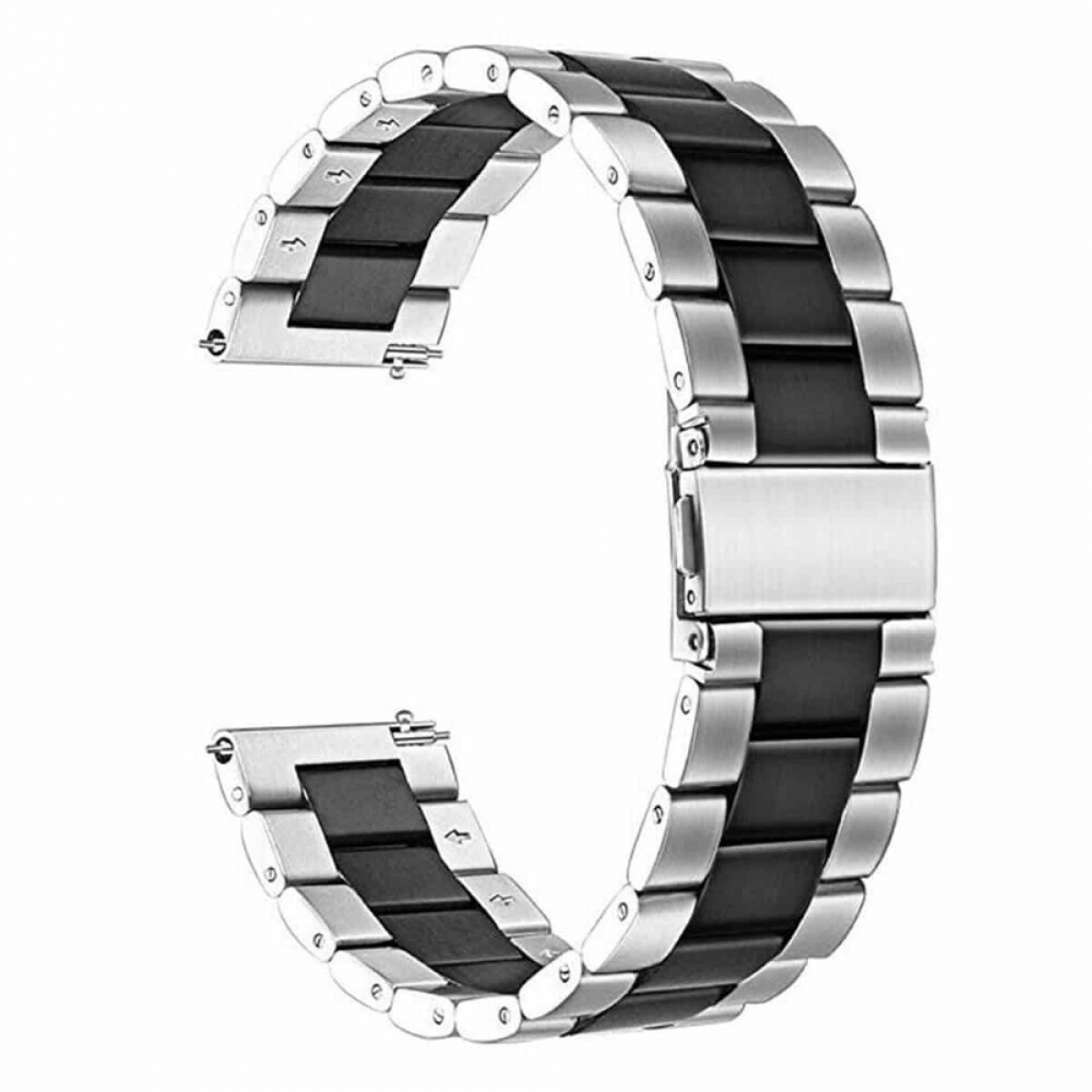 Silbernes und schwarzes Uhrenarmband mit silbernem Verschluss.