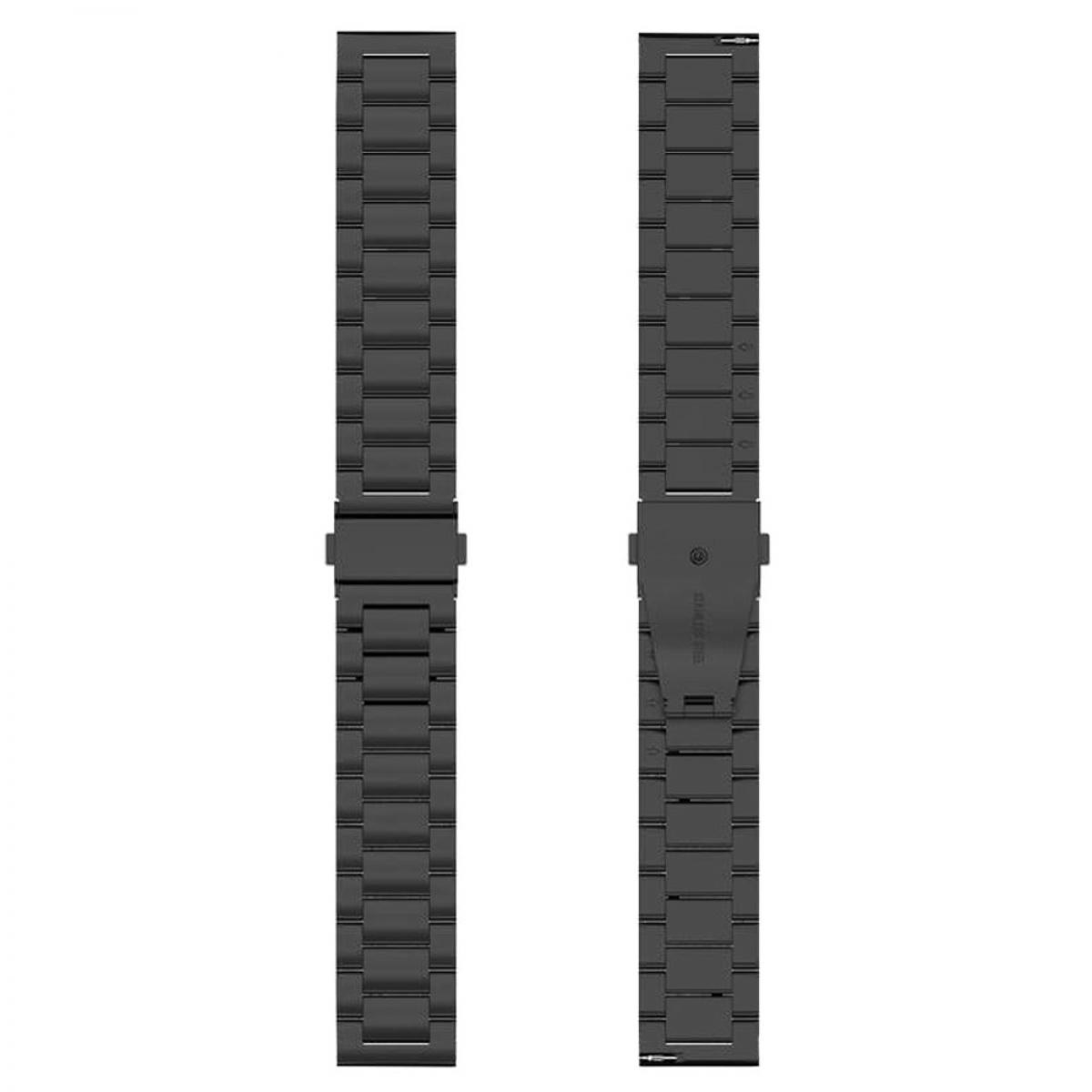 Zwei schwarze Metall-Uhrenarmbänder mit einem Verbindungsverschluss. Die Armbänder sind matt.