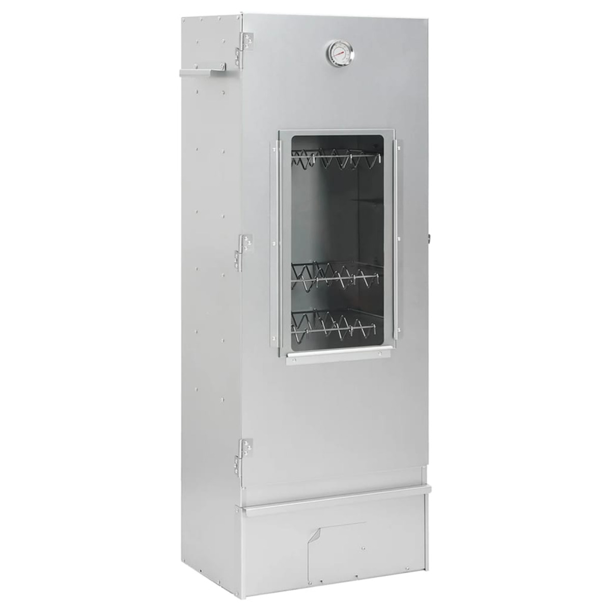 Un affumicatore alto e argentato. Ha una porta a vetro e un termometro in cima.