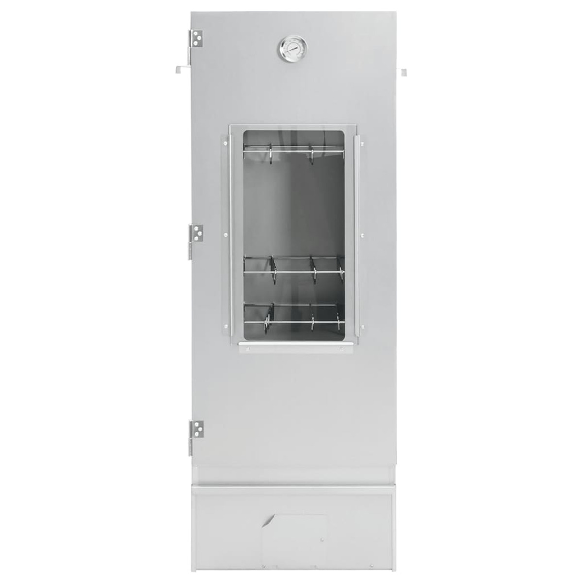 Affumicatore argentato con porta a vetro, che mostra le griglie interne.