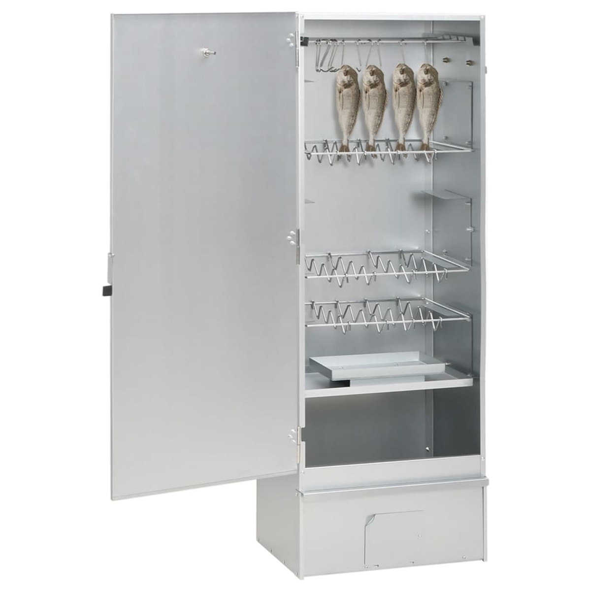 Armadio affumicatore argentato con porta aperta, ripiani interni e pesce appeso. Sfondo bianco.