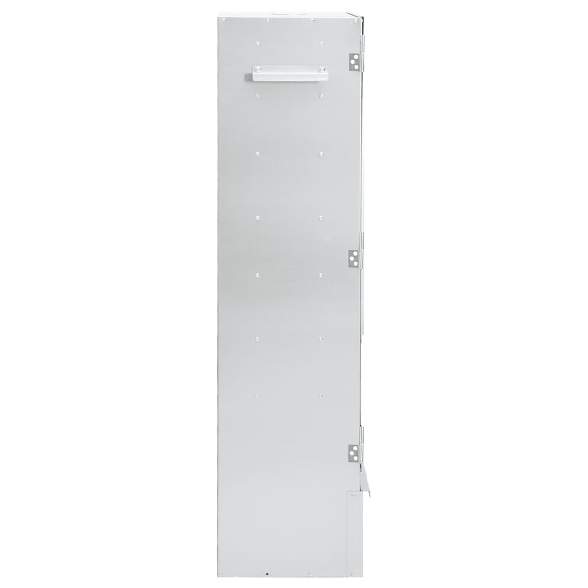 Un mobile bianco alto, visto di lato, con una maniglia e cerniere visibili. Sfondo bianco.