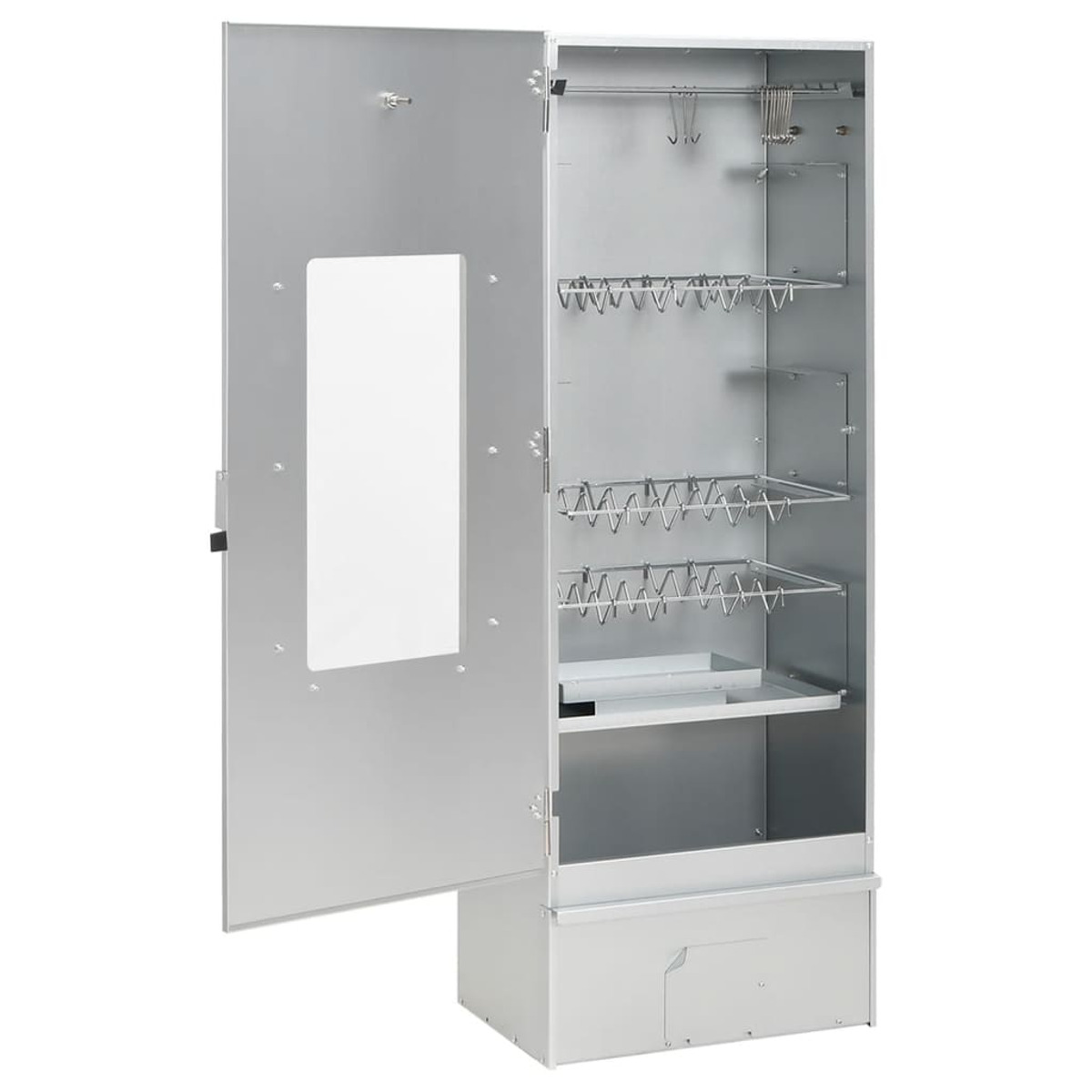 Guardaroba aperto in acciaio inox con ripiani, specchio e aste appendiabiti.