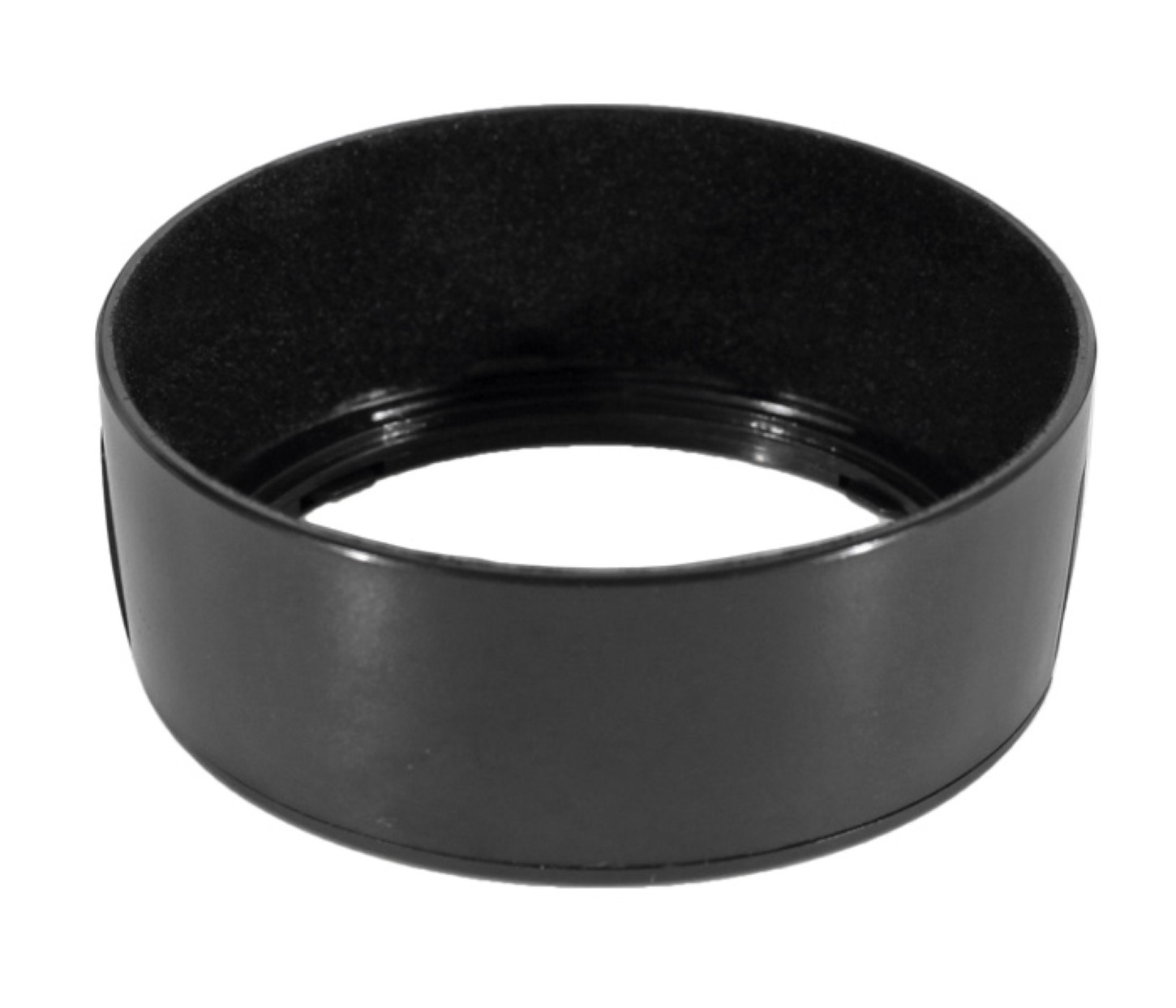 Schwarze Sonnenblende, zylindrische Form, für ein Kameraobjektiv, isoliert auf Weiß.