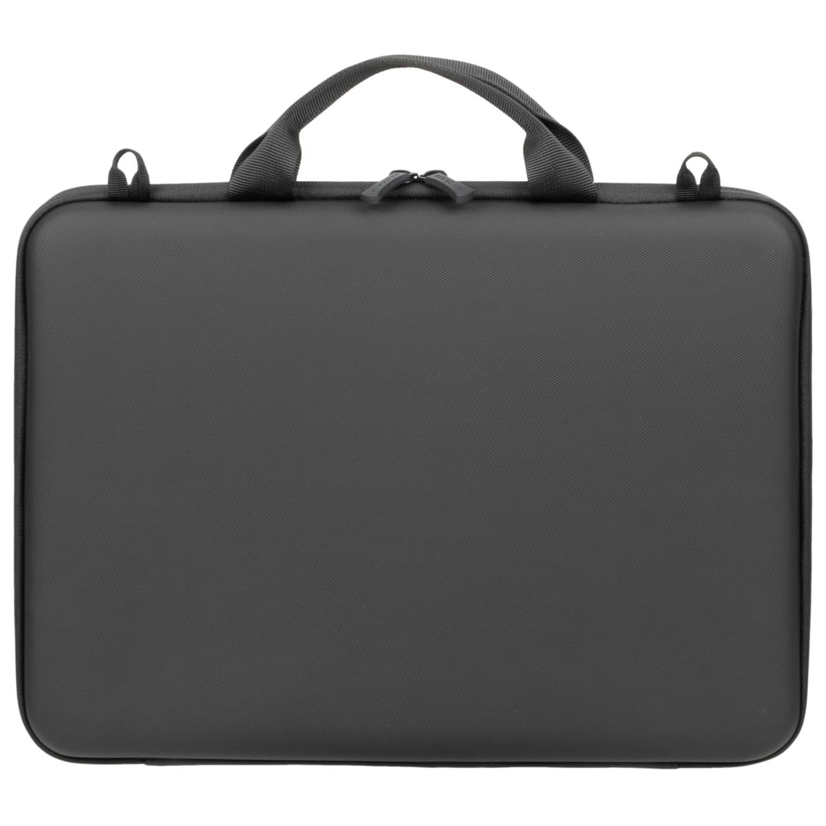 Czarna torba na laptopa z uchwytem i zamkiem błyskawicznym. Prostokątna, gładka powierzchnia.