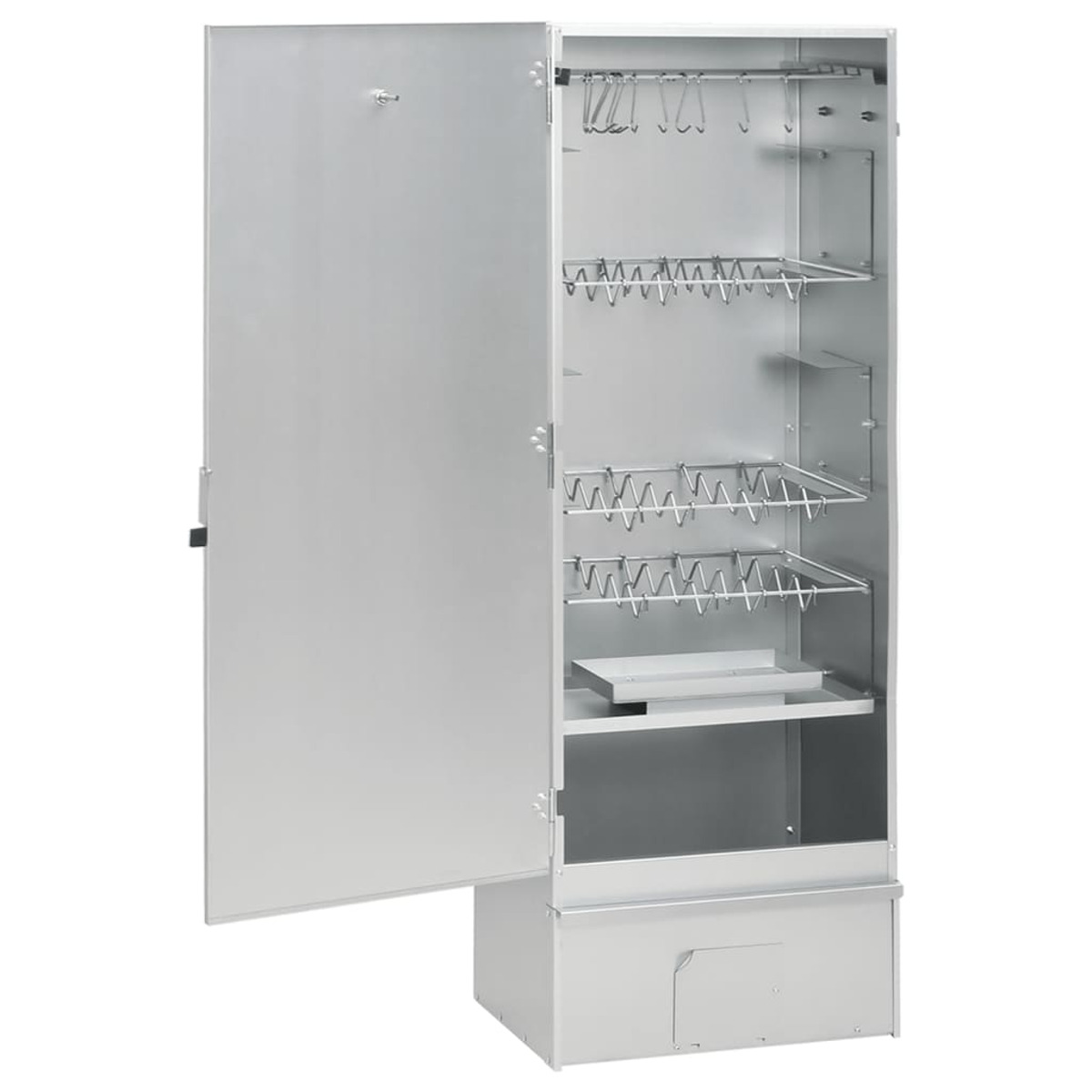 Offener Metallschrank mit Regalen, Kleiderstangen und unterem Fach.