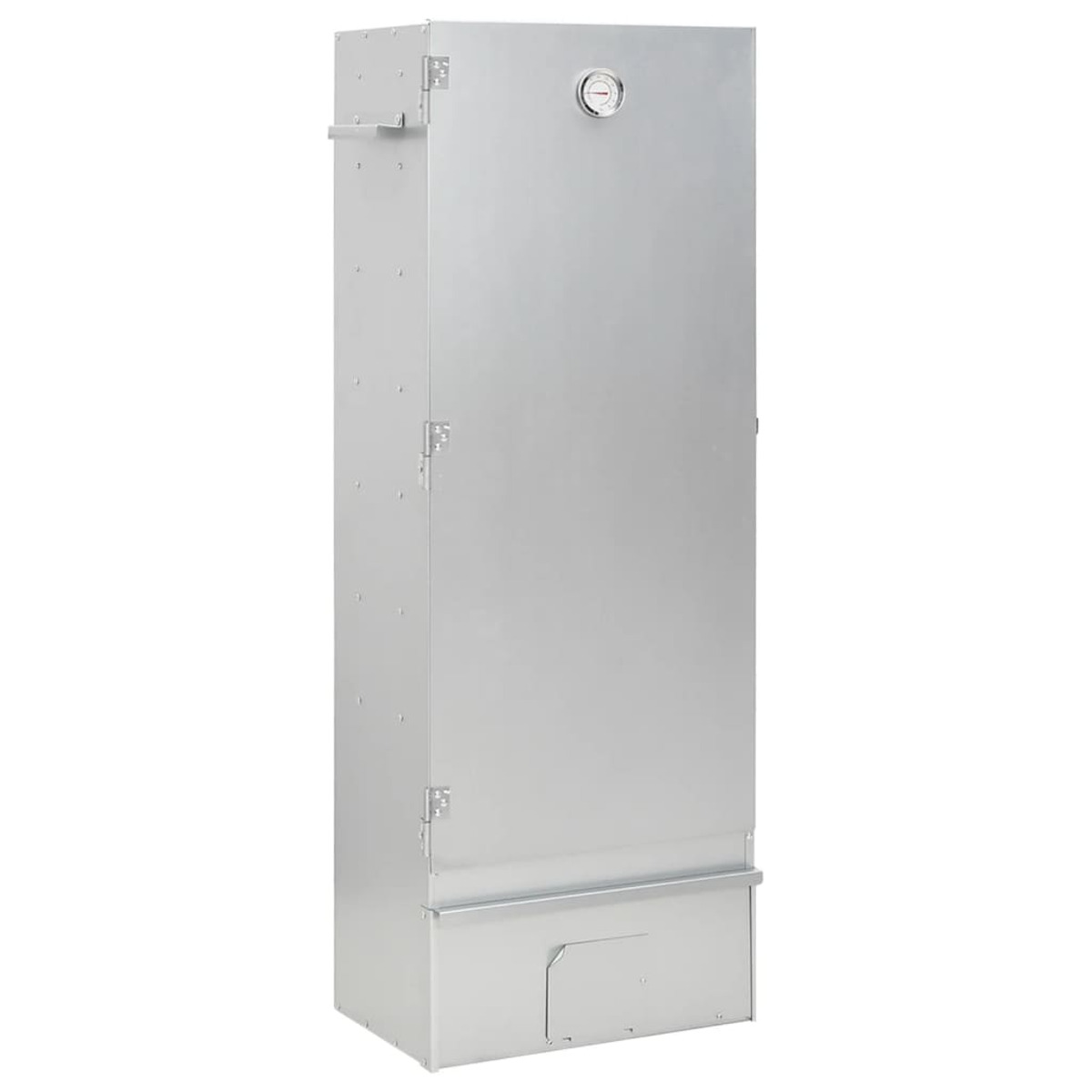 Silberne Metall-Smoker-Box. Hohe rechteckige Form, mit Thermometer, von der Seite gesehen.