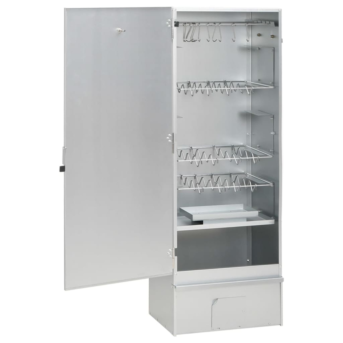 Ein Edelstahlschrank mit offener Tür, der Regale im Inneren zeigt.