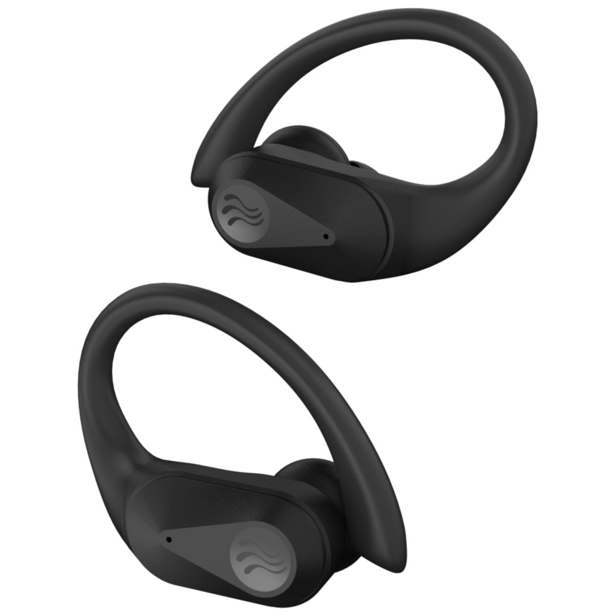 Auricolari wireless neri con ganci per le orecchie, sfondo bianco. Gli auricolari hanno una forma curva.