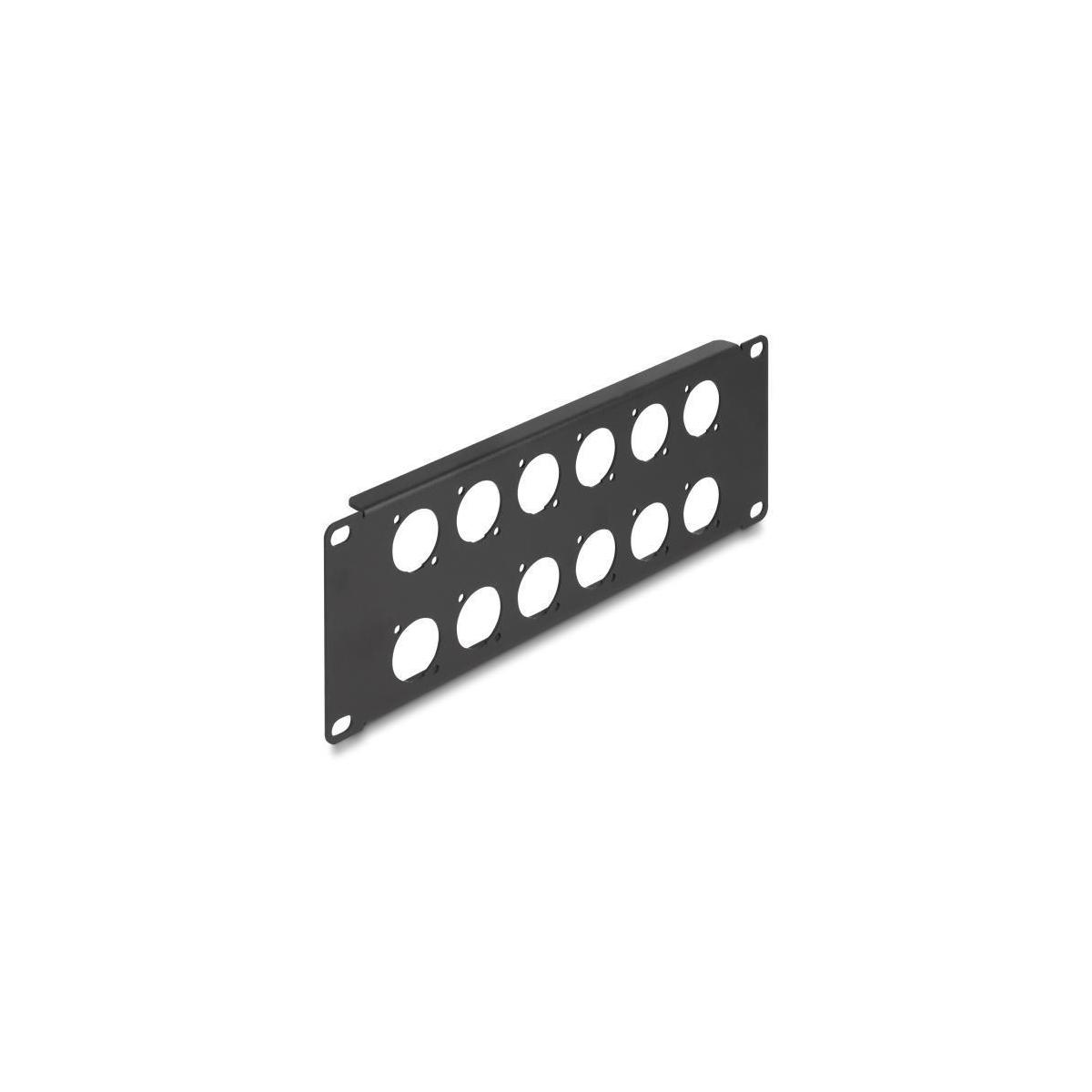 Ein schwarzes Rack-Panel mit 12 kreisförmigen Löchern, zur Aufnahme von Geräten.