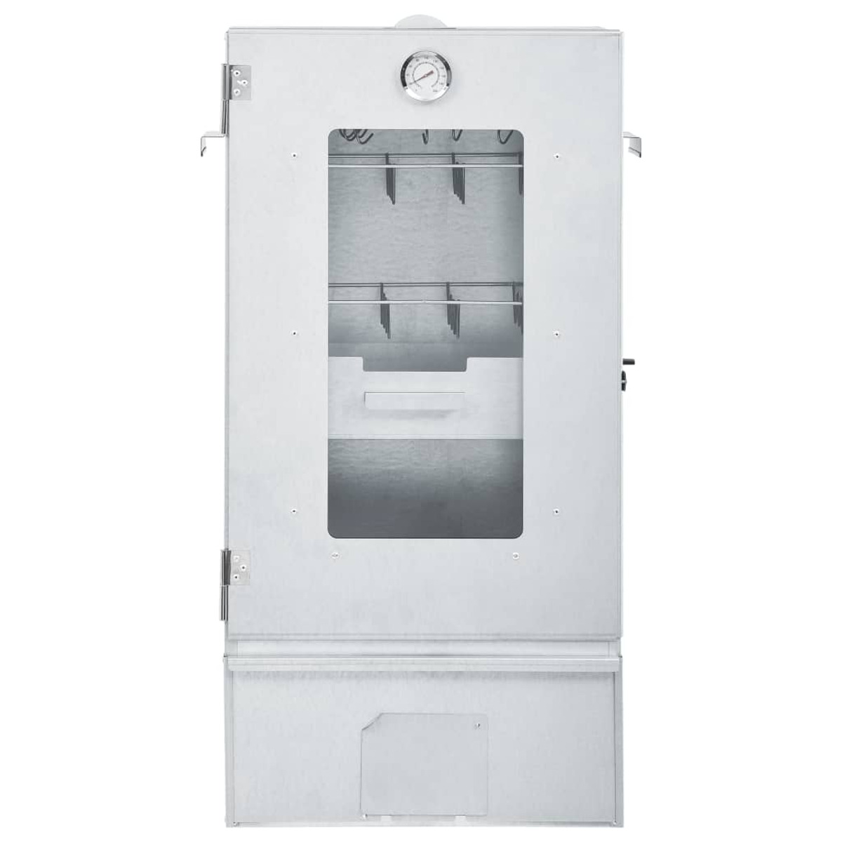 Affumicatore in acciaio inox con porta a vetro e manometro, che mostra l'interno.