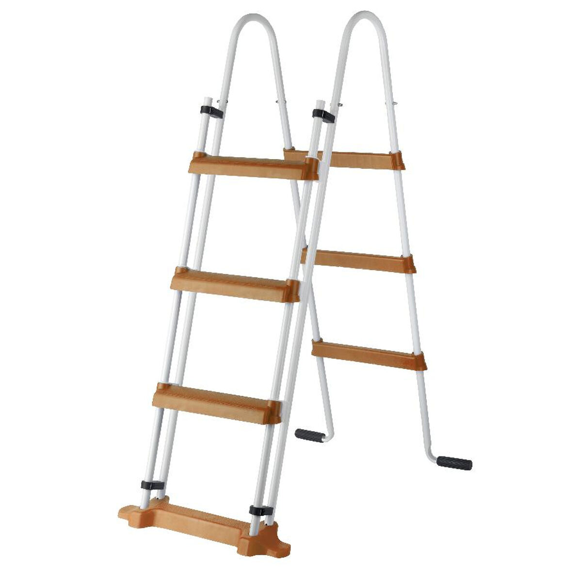 Una escalera blanca y marrón. Tiene cuatro escalones y dos asas en la parte superior.