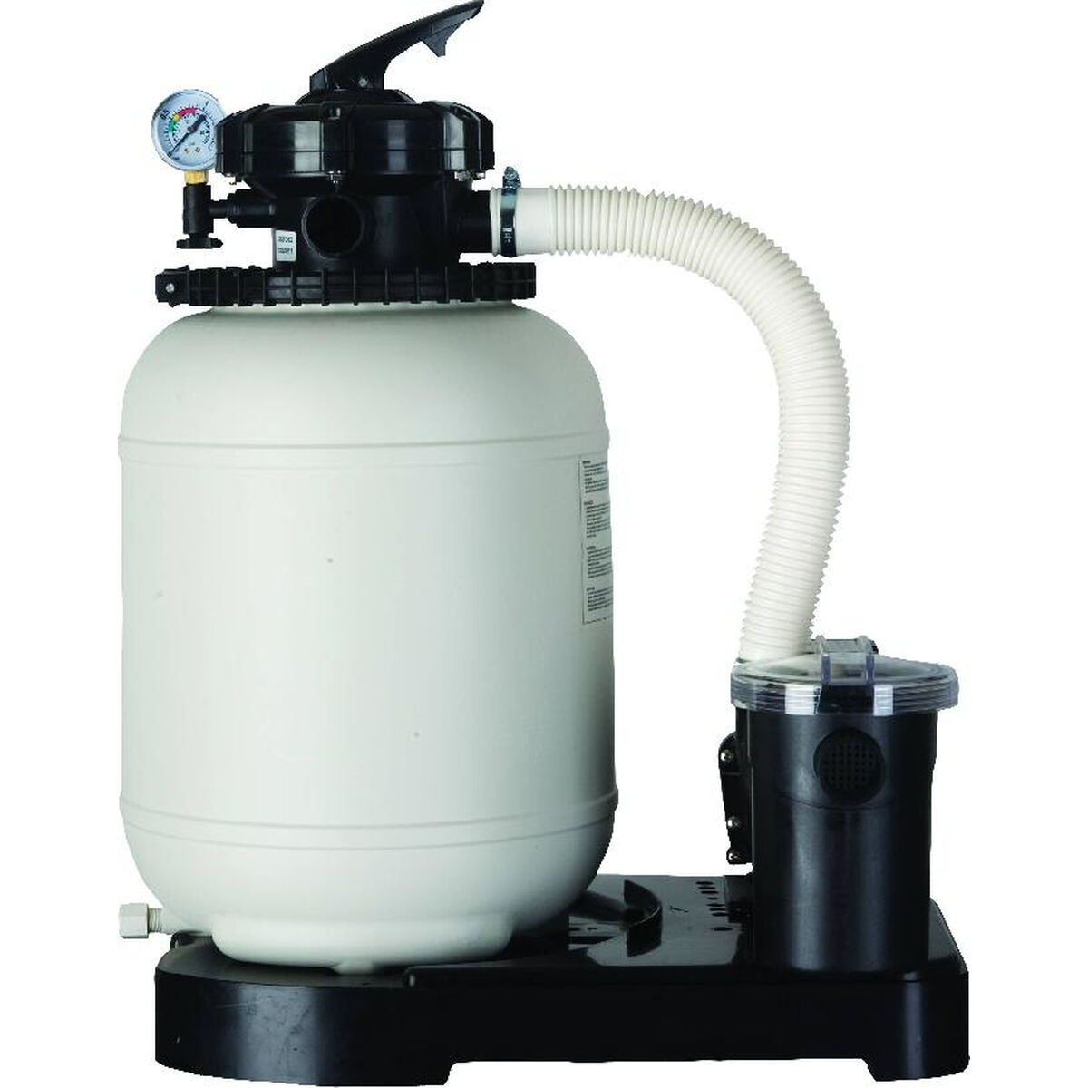 Sistema de filtro de piscina. Tanque blanco, bomba negra, medidor y tubo flexible.