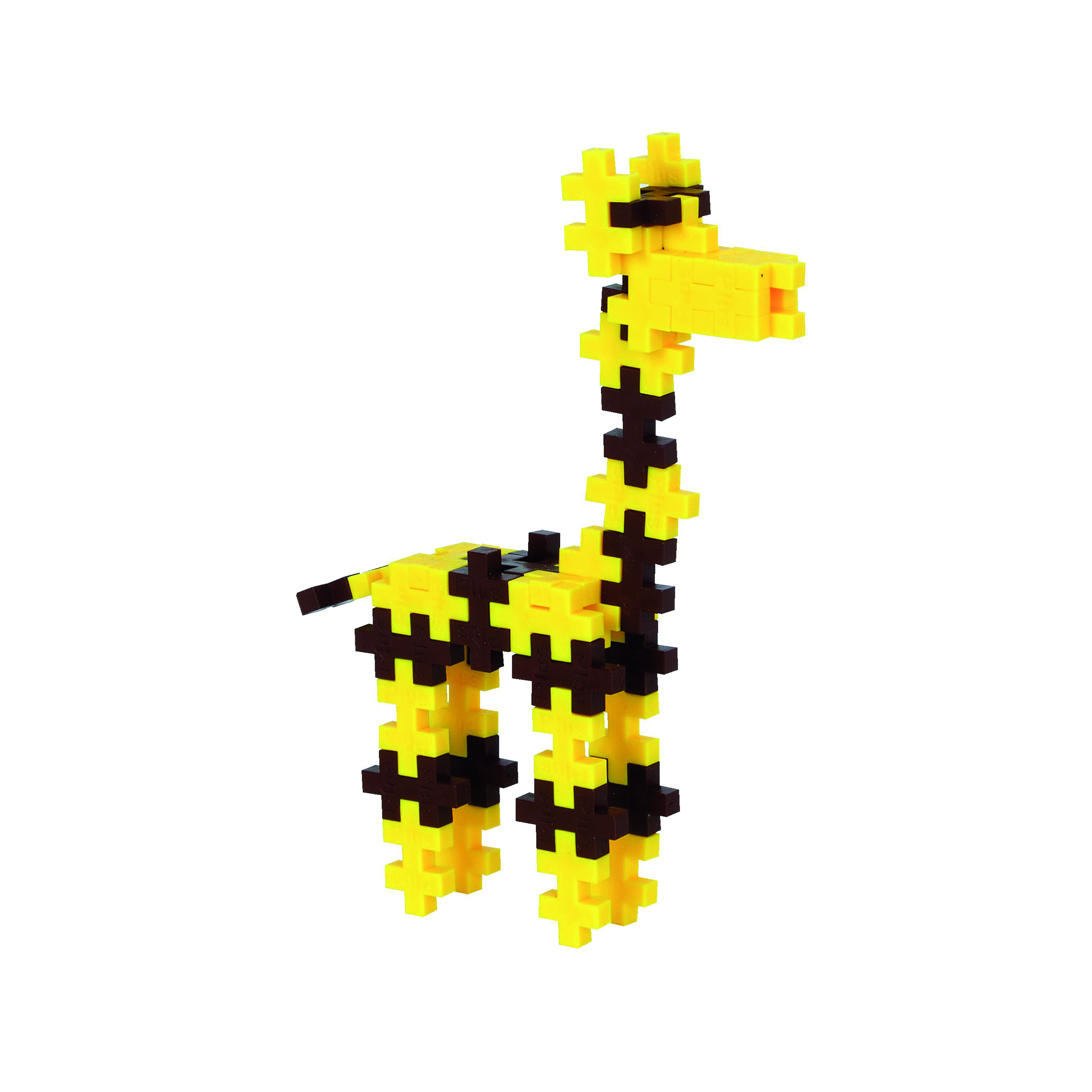 Una giraffa fatta di blocchi gialli e marroni, in piedi su una superficie bianca. La giraffa guarda a destra.