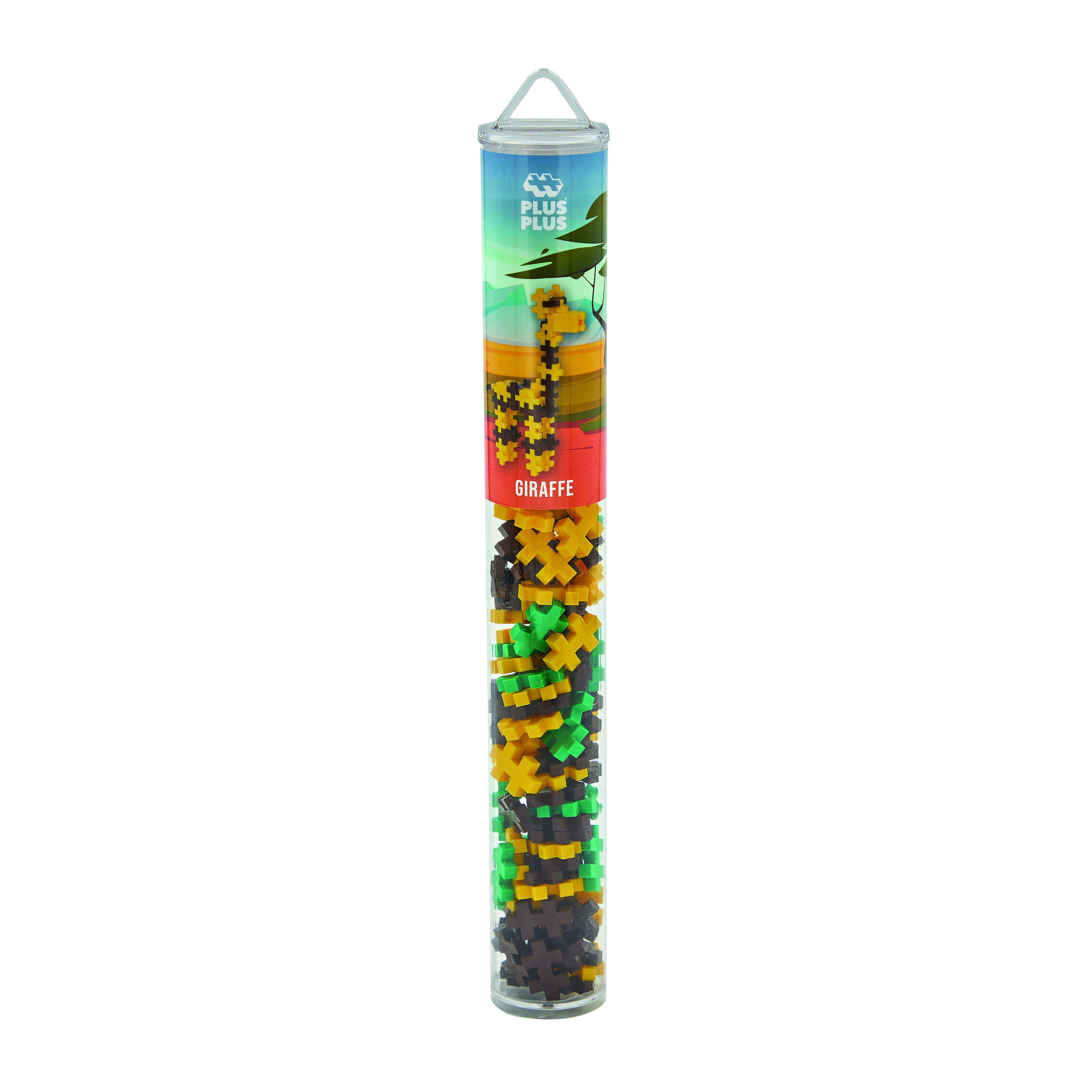 Un tubo trasparente pieno di blocchi di costruzione di plastica colorati a forma di giraffa.