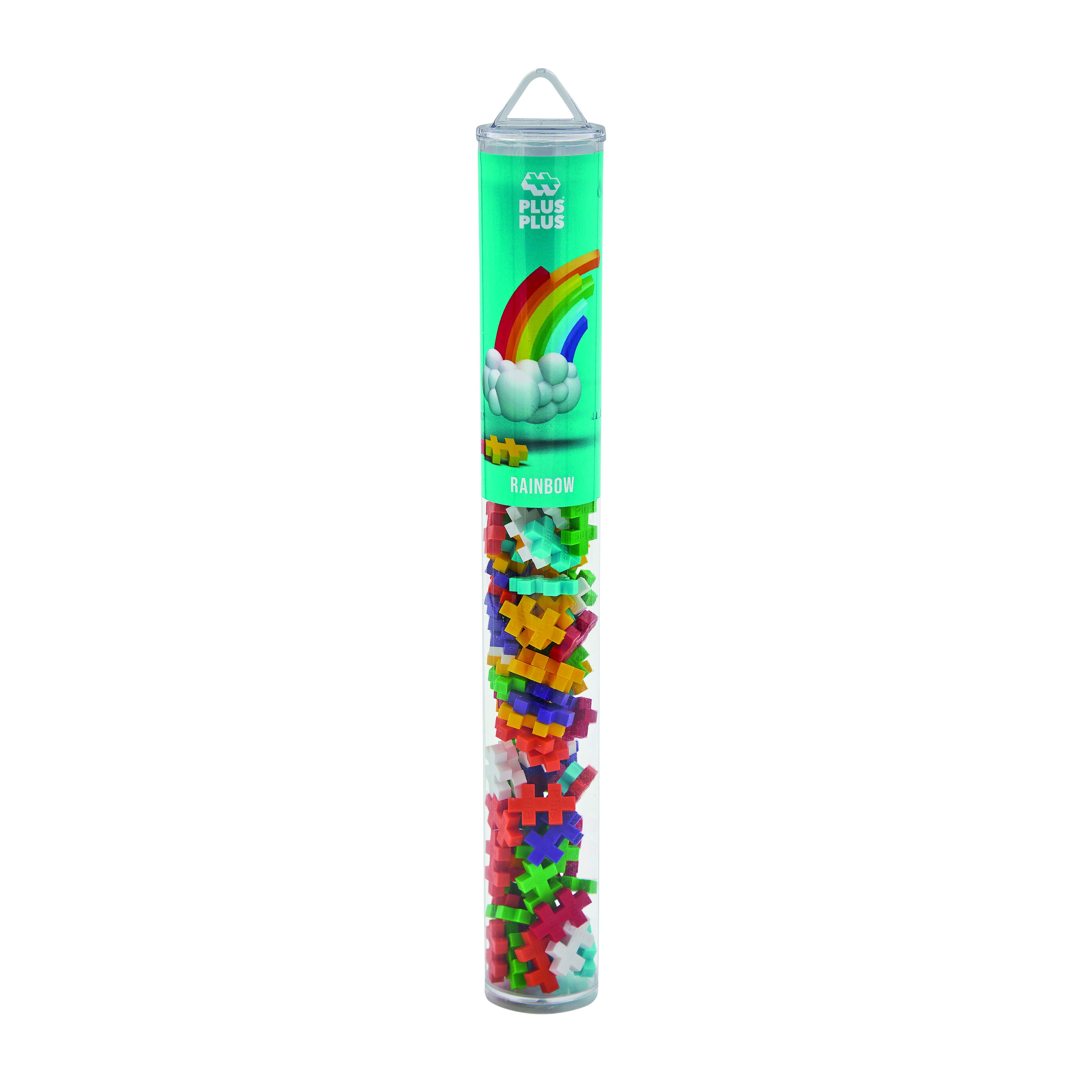 Eine durchsichtige Plastikröhre gefüllt mit bunten Plus-Plus-Bausteinen, beschriftet mit „RAINBOW“.