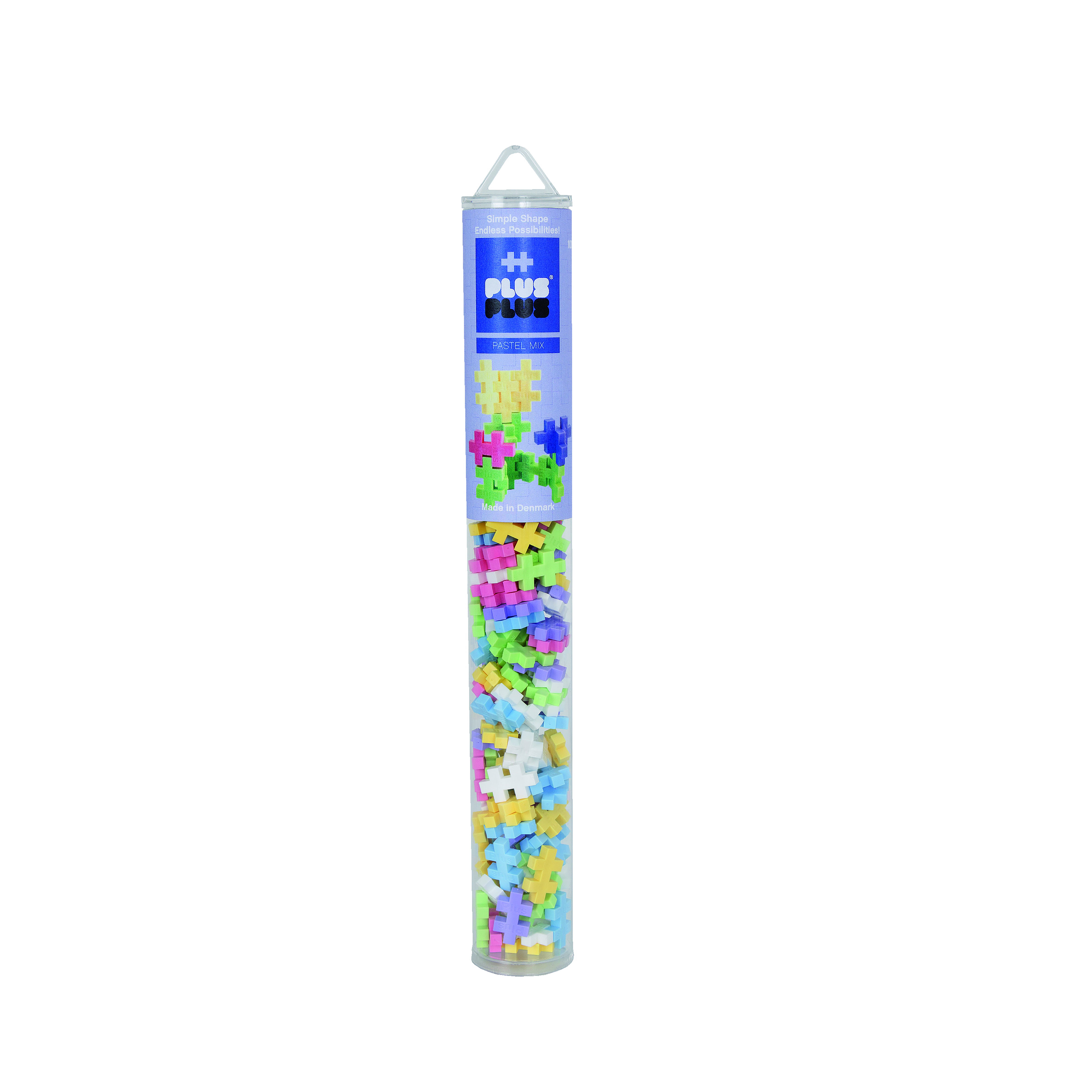 Transparente Plastikröhre mit Plus Plus-Blöcken in verschiedenen Farben.