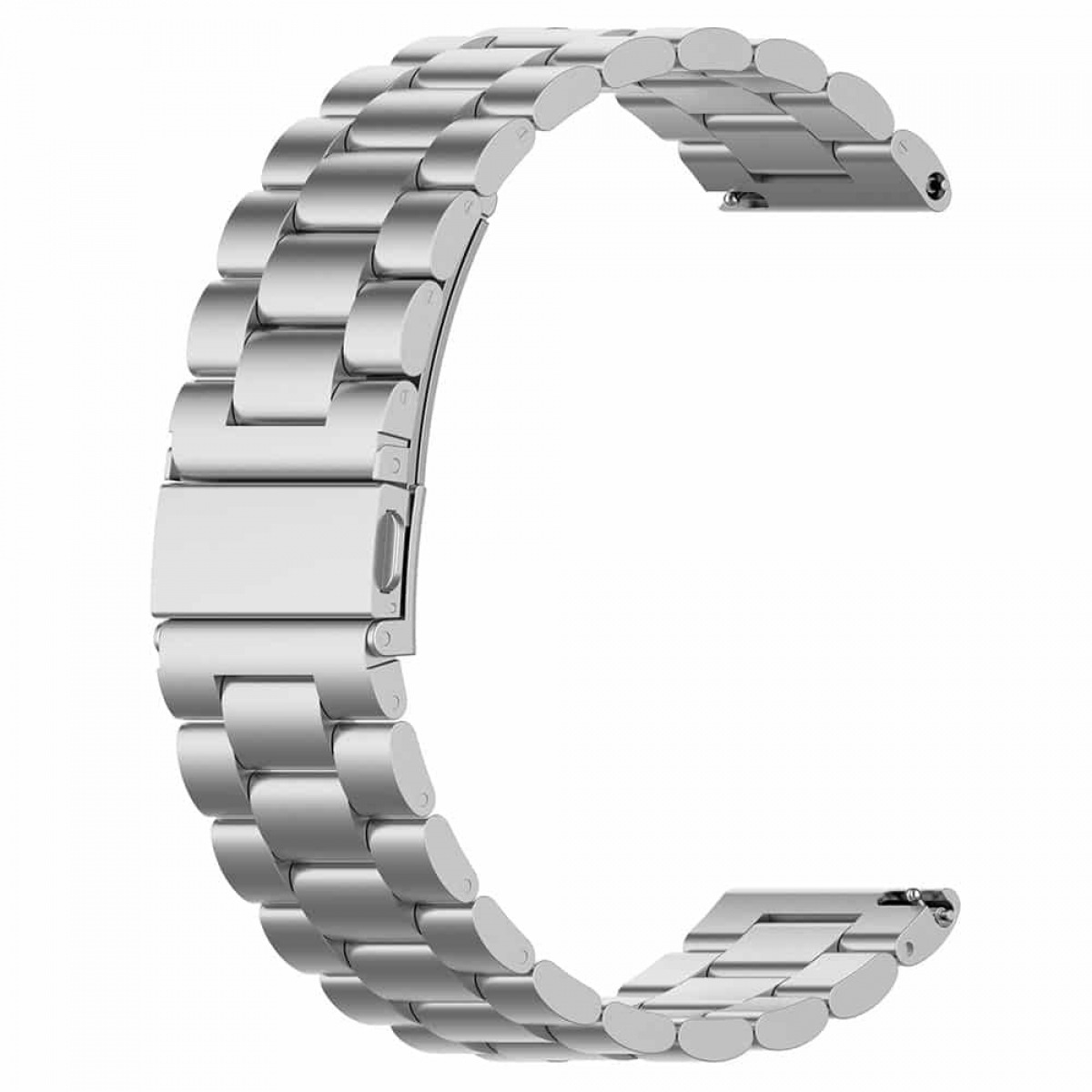 Silbernes Edelstahl-Armband mit Verschluss, vor weißem Hintergrund.