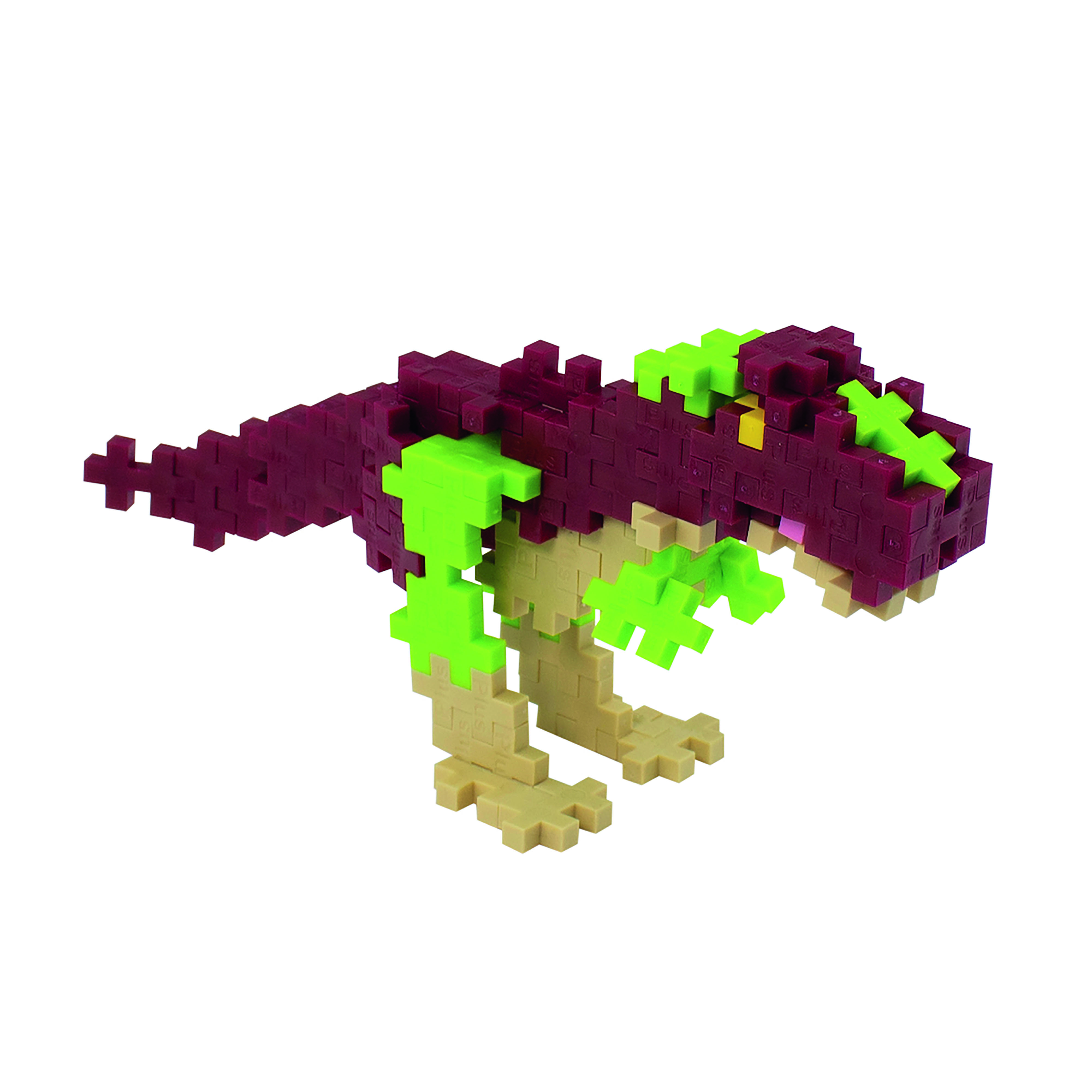 Ciemnoczerwony i zielony dinozaur z połączonych plastikowych klocków. Białe tło.