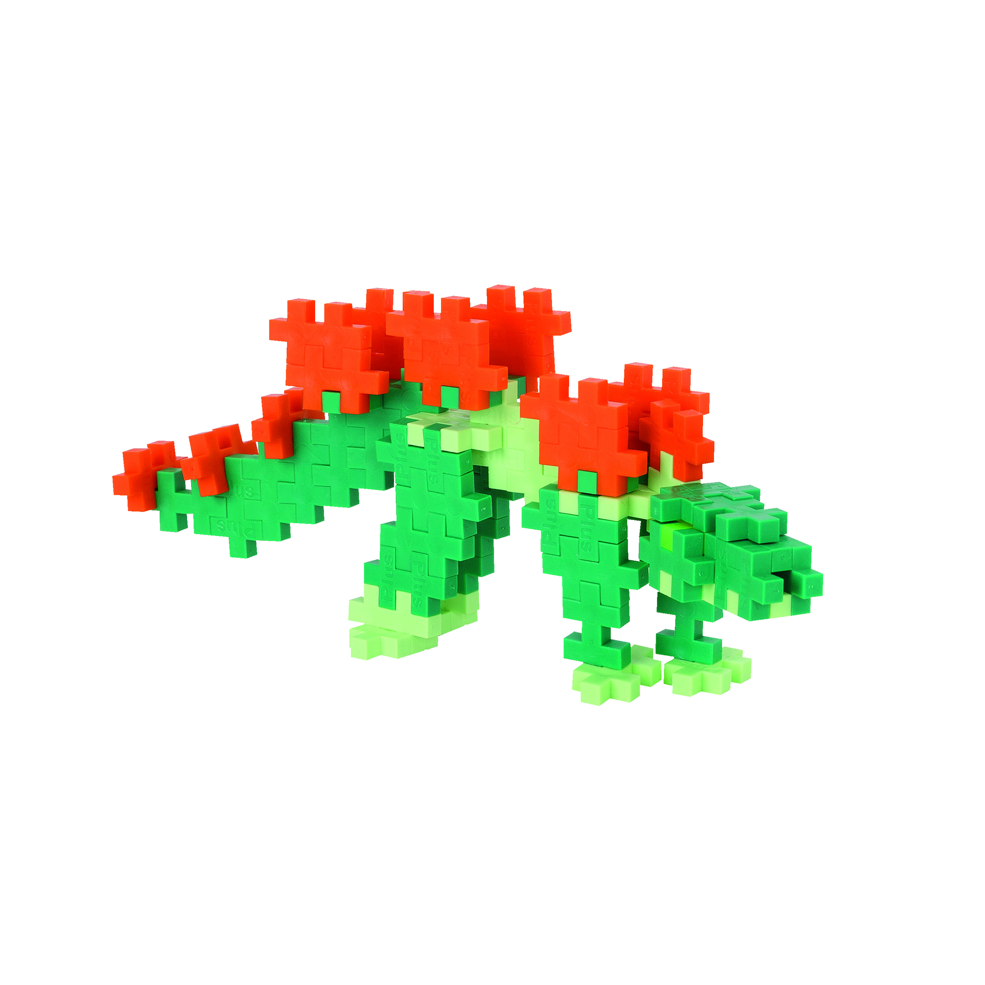 Un giocattolo di dinosauro in plastica verde e arancione, fatto di blocchi ad incastro, su una superficie bianca.