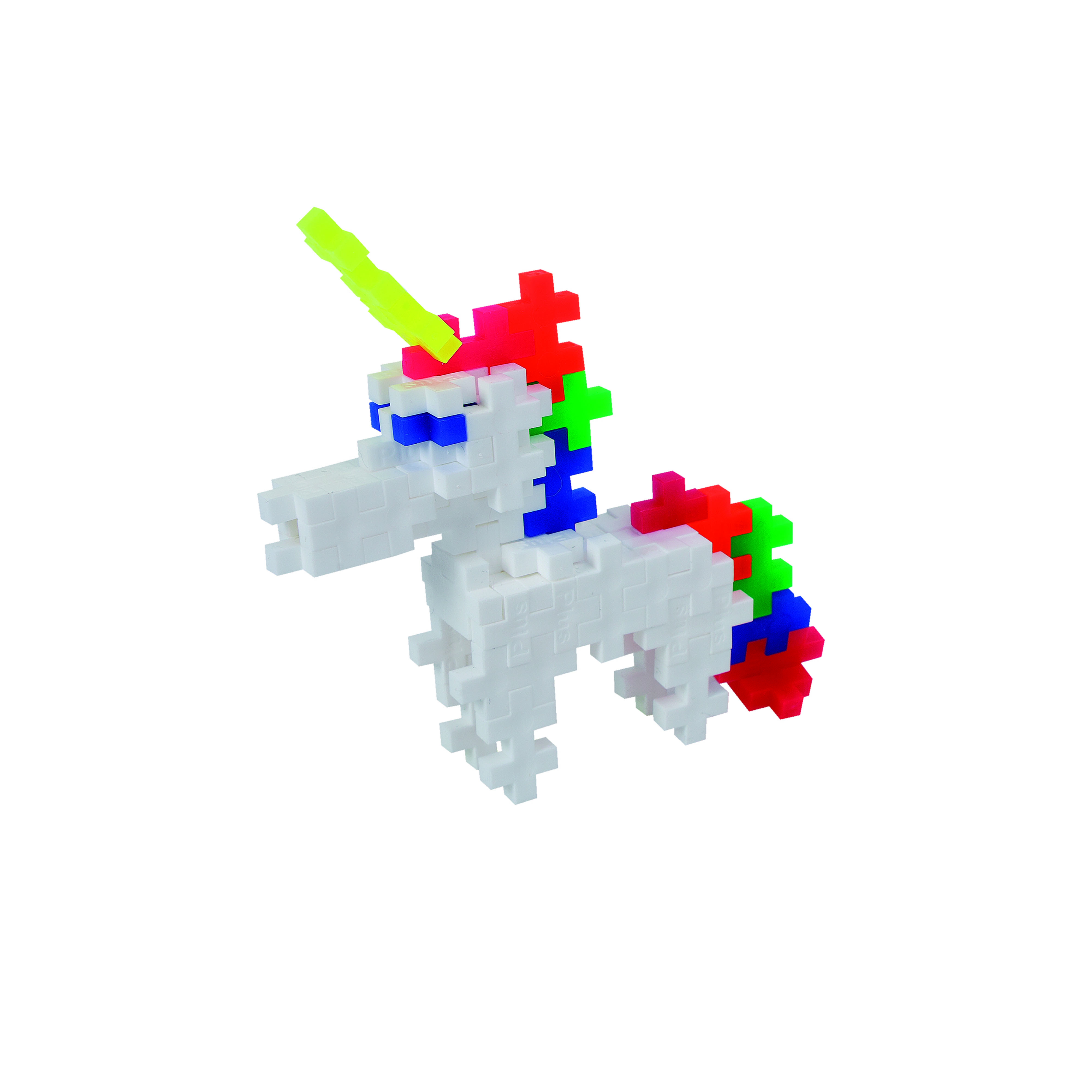 Ein Einhorn-Spielzeug aus weißen Blöcken, mit Regenbogenmähne und gelbem Horn.
