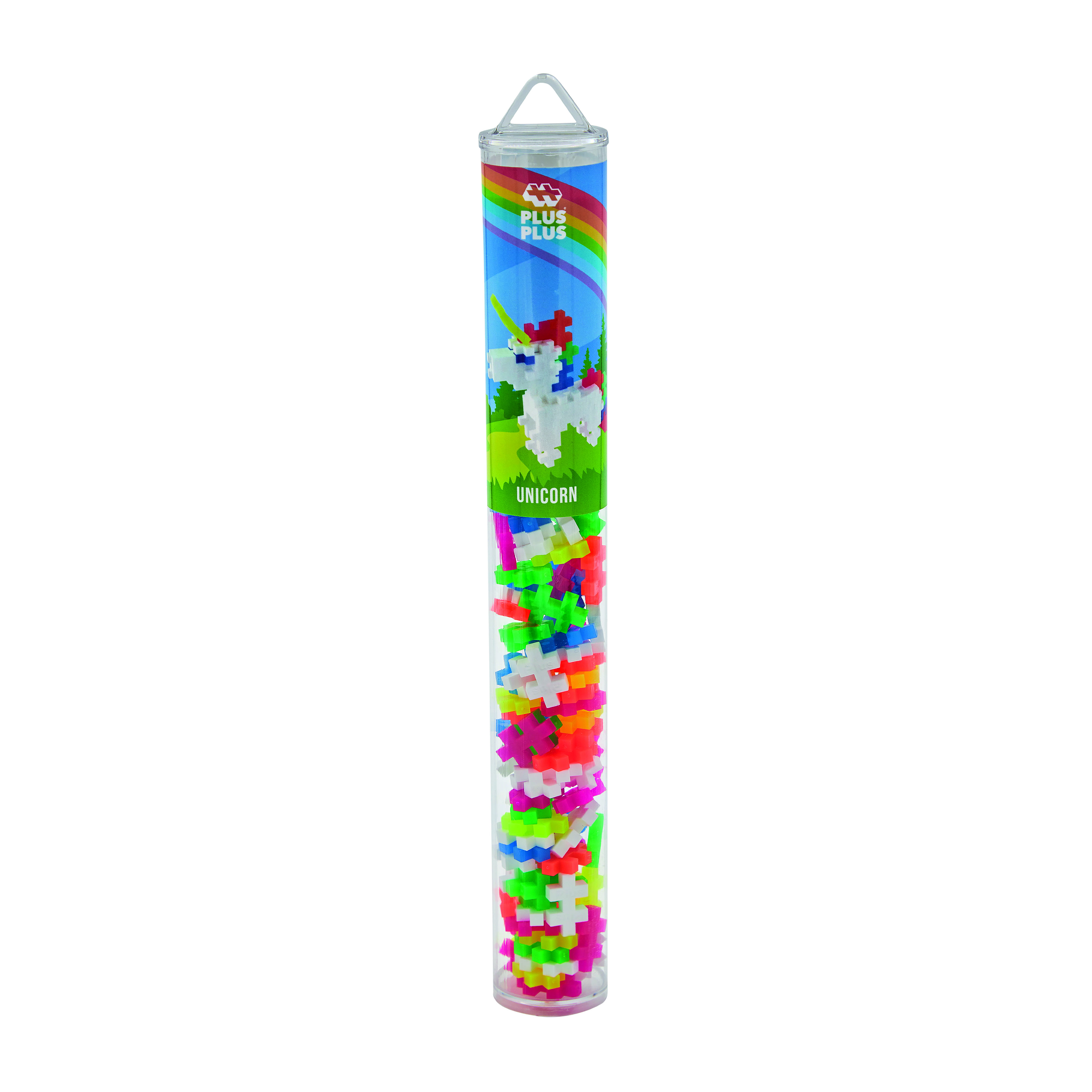 Eine durchsichtige Plastikröhre gefüllt mit bunten Plastikbausteinen, mit der Aufschrift "UNICORN".