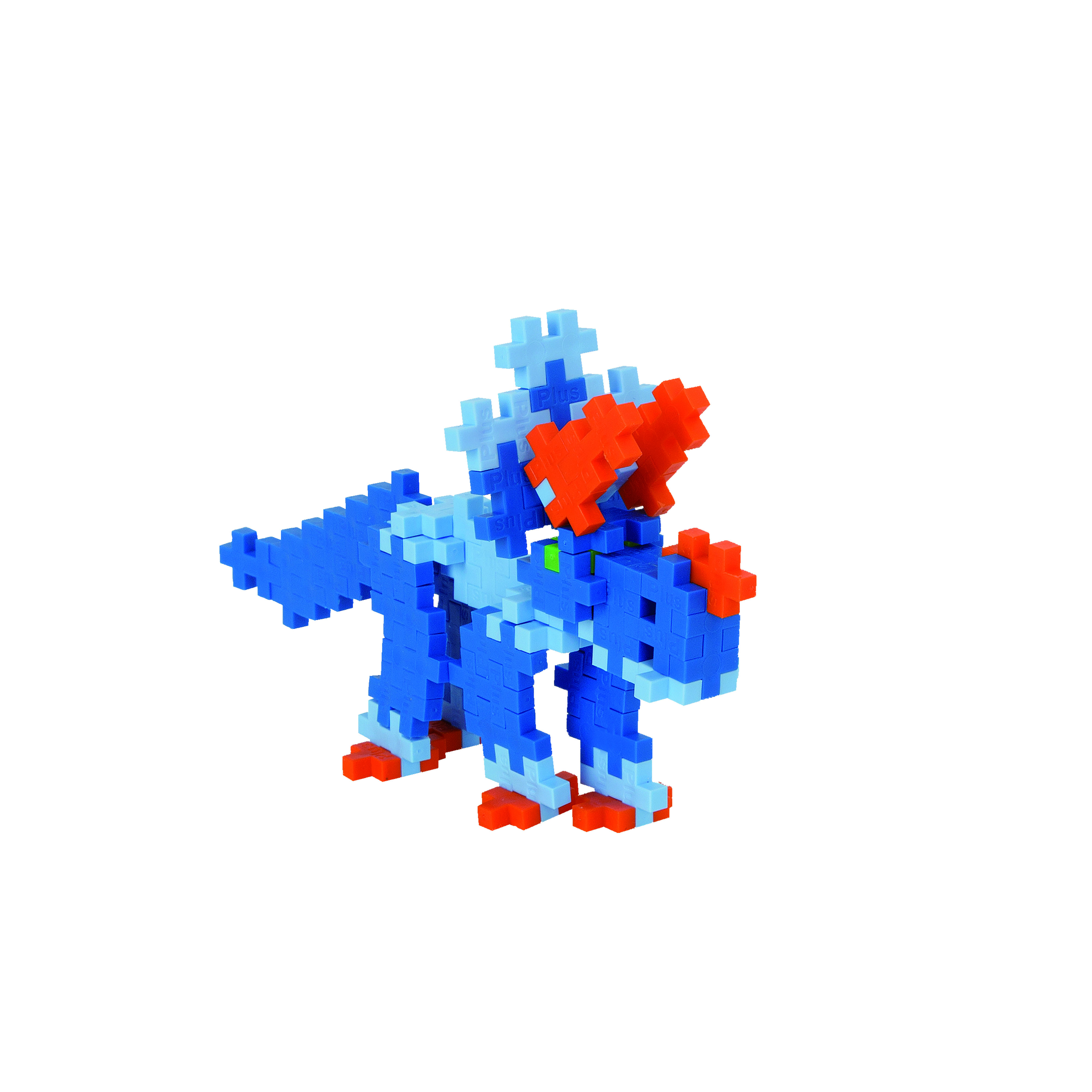 Blocchi Plus-Plus blu e arancioni assemblati in una figura di dinosauro su sfondo bianco.