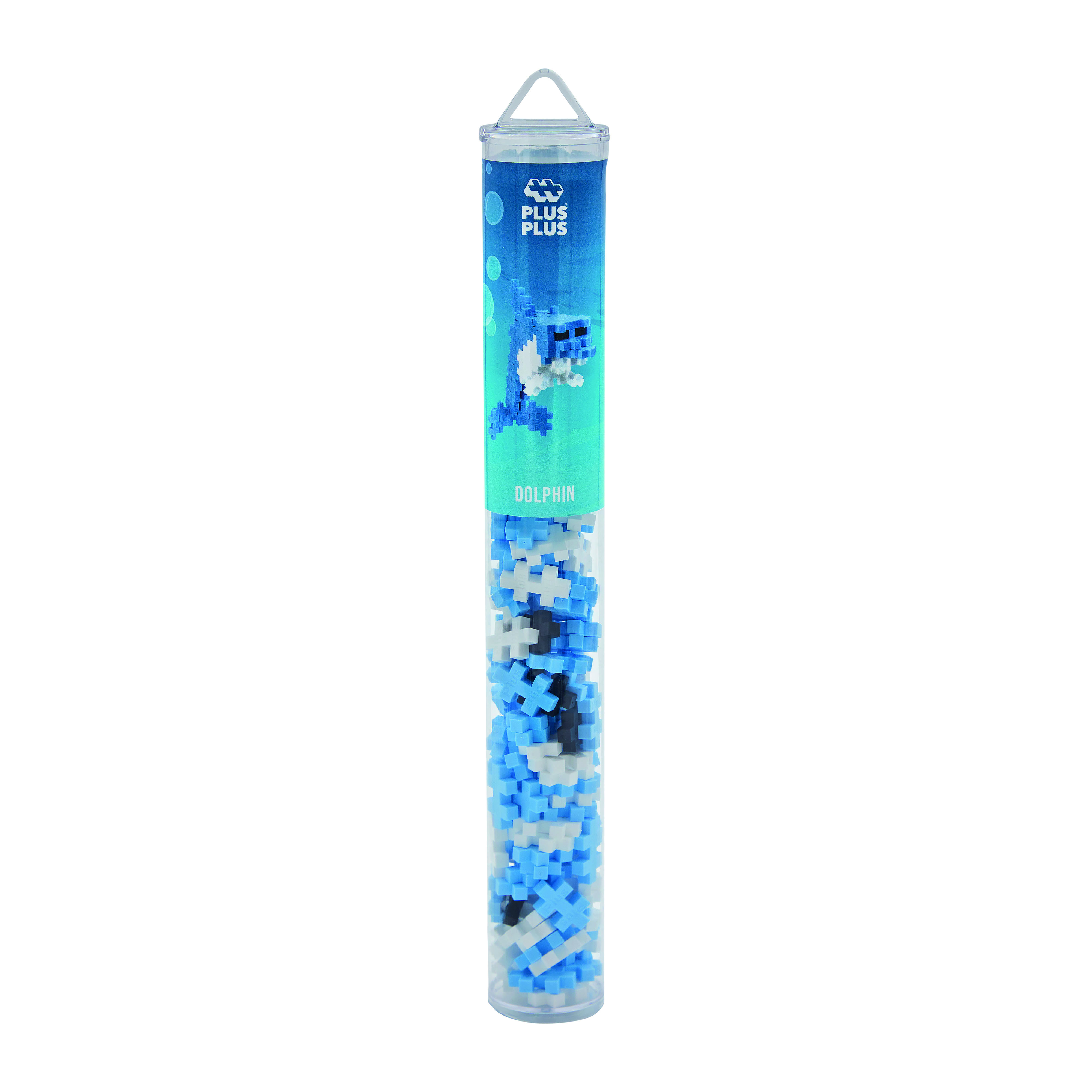 Un tubo trasparente pieno di blocchi Plus-Plus blu e bianchi, etichettato "DOLPHIN".