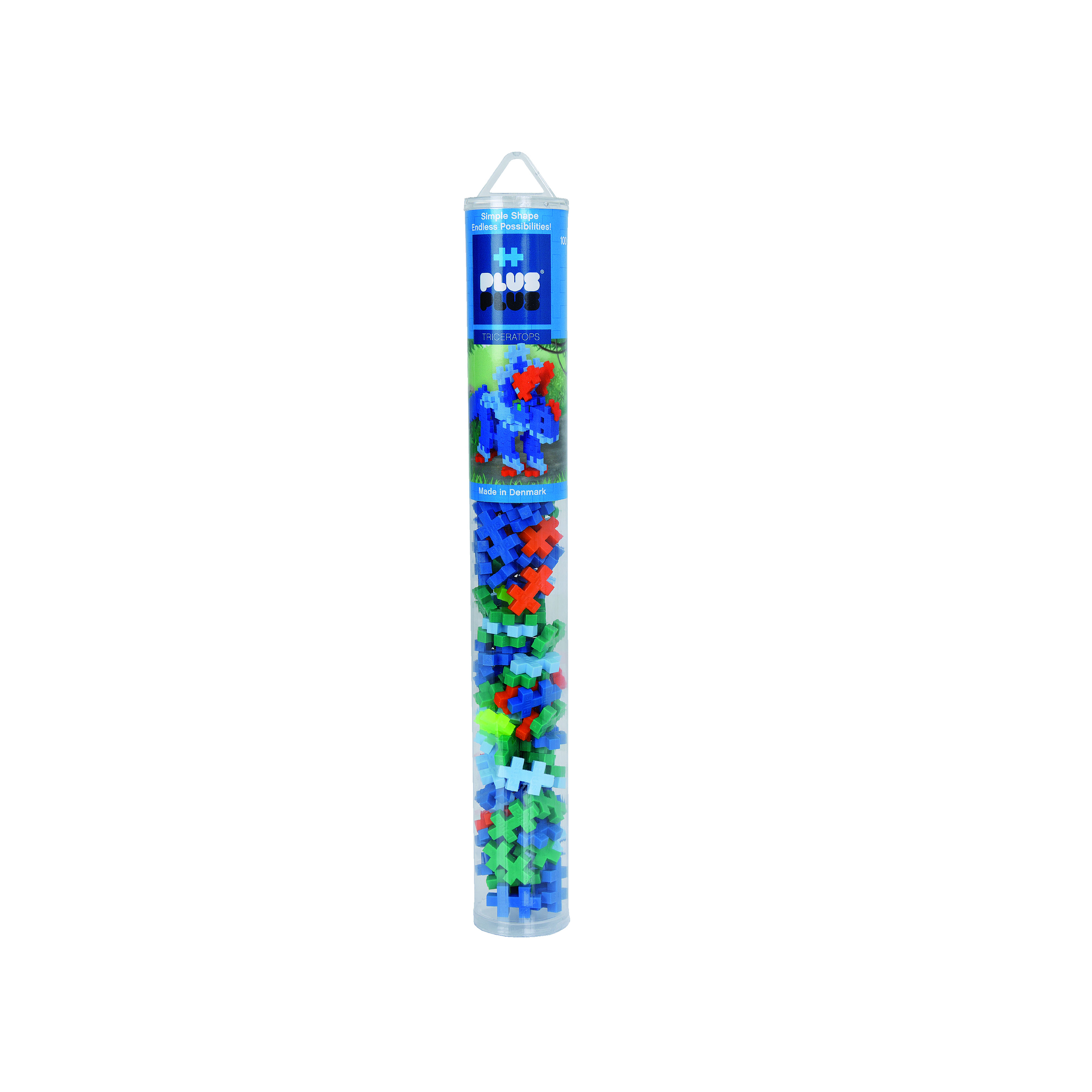 Tubo di plastica trasparente con blocchi colorati all'interno, etichetta blu. Sfondo bianco.