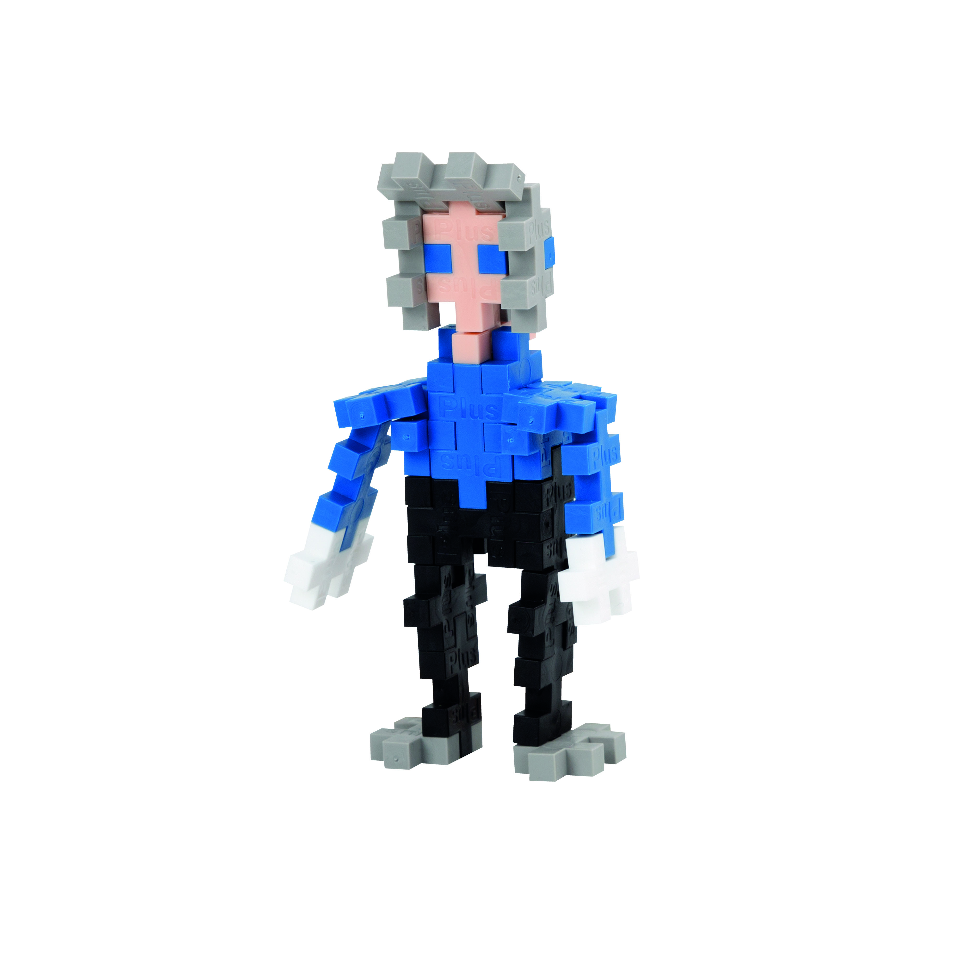Eine kleine Plastikfigur eines Mannes aus blauen und grauen Blöcken.