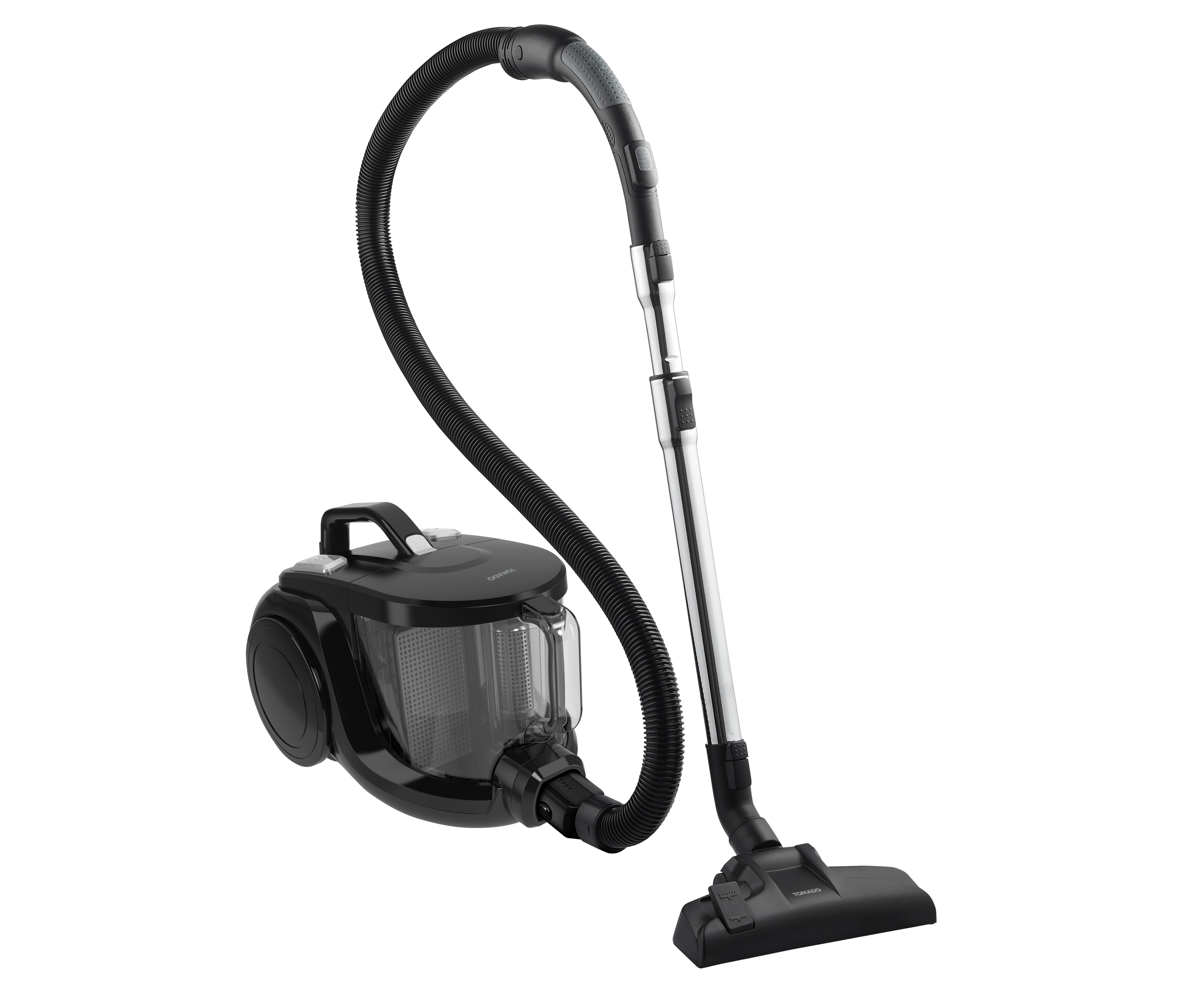 Black vacuum cleaner with a long hose and attachments. The vacuum is on a white background.