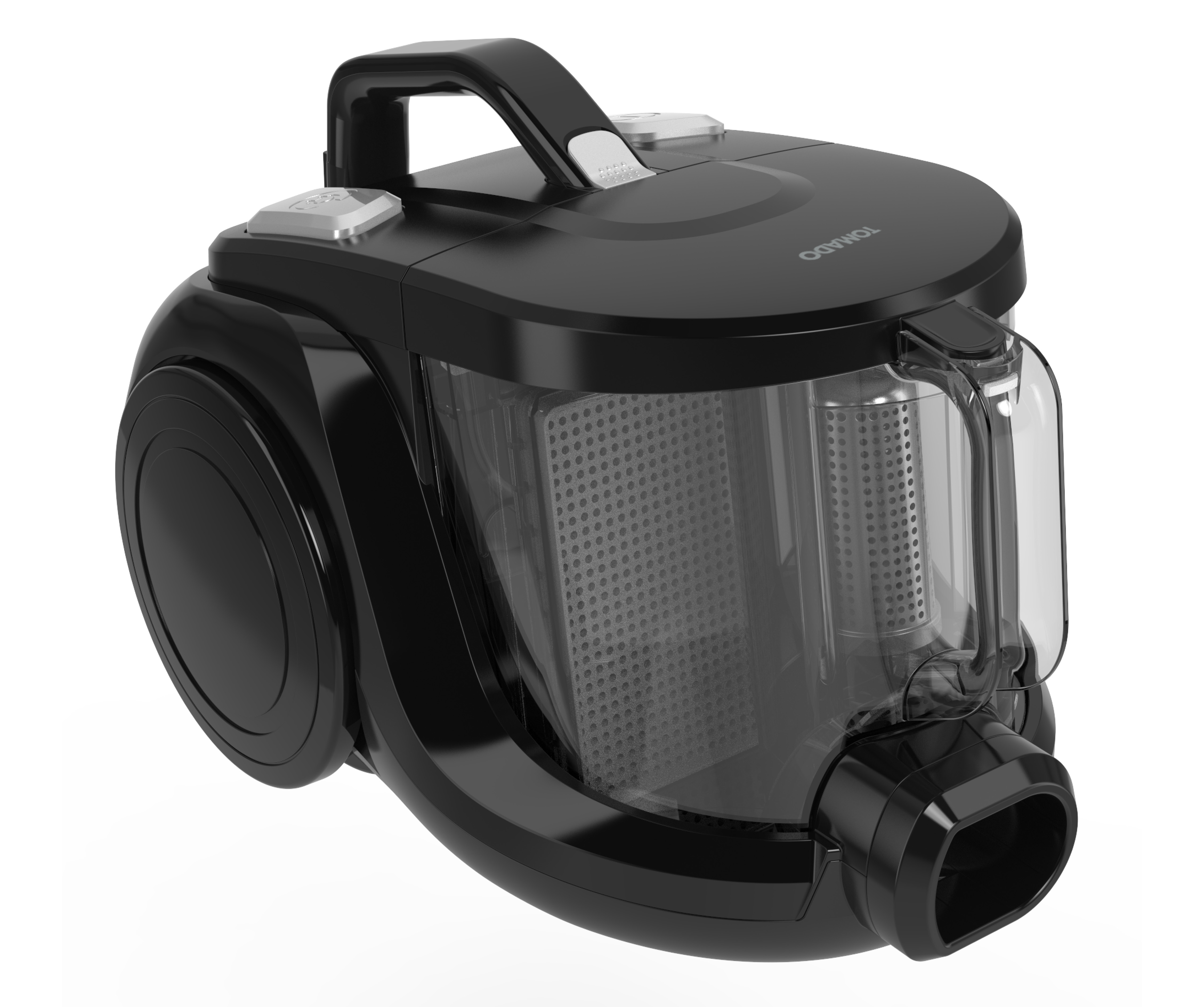 Black vacuum cleaner with a handle and transparent dust container.